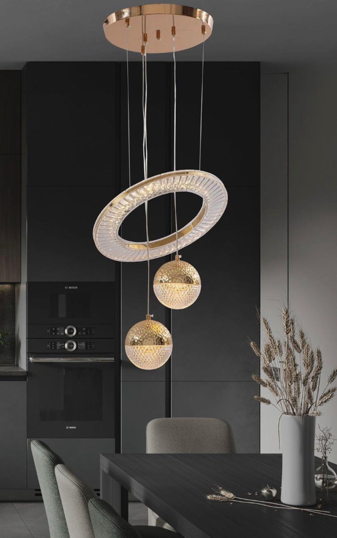 KRAYDINLATMA Round Cristal Gold 2 Li 3 Renk Ledli Lüks Modern Sarkık Tekli Avize