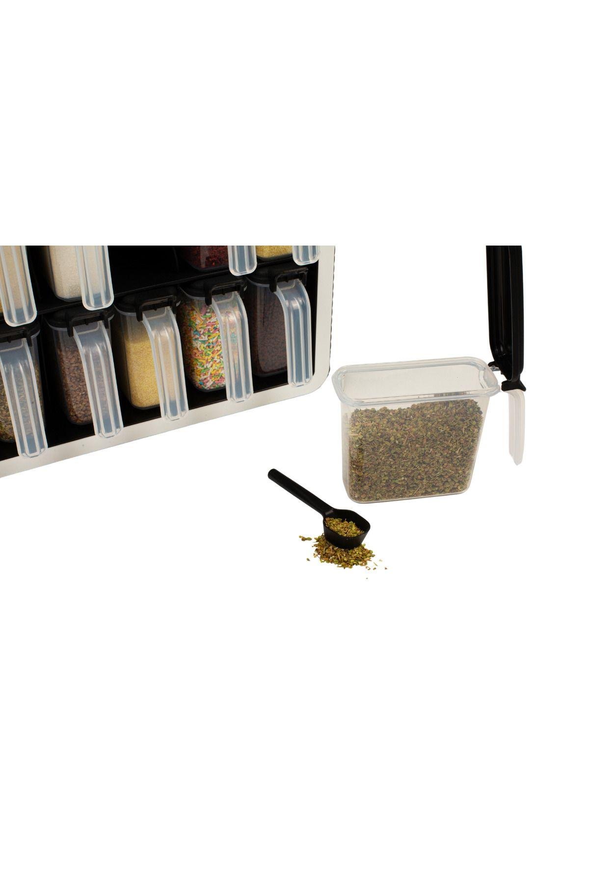 12li 250 ml Standlı Kendinden Yapışkanlı Kaşıklı Baharatlık Seti Siyah