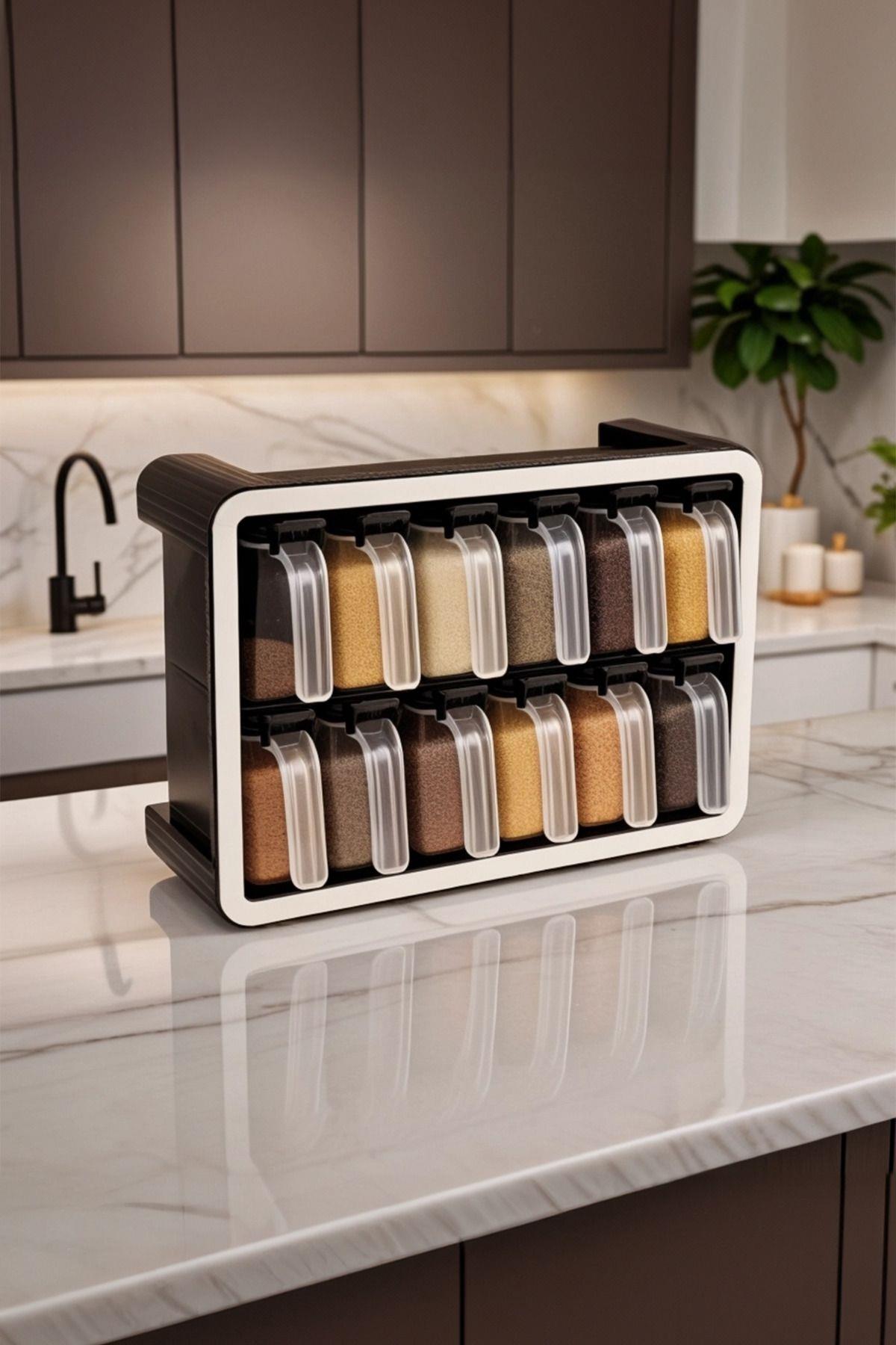 12li 250 ml Standlı Kendinden Yapışkanlı Kaşıklı Baharatlık Seti Siyah