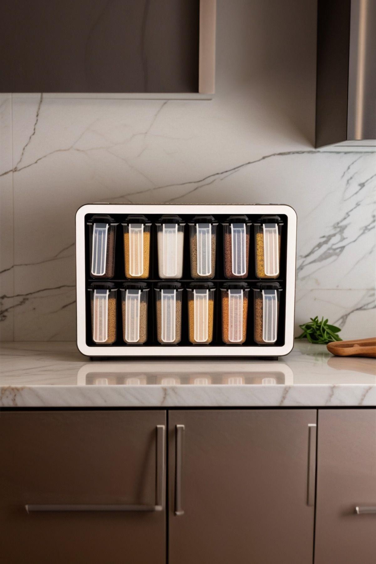 12li 250 ml Standlı Kendinden Yapışkanlı Kaşıklı Baharatlık Seti Siyah