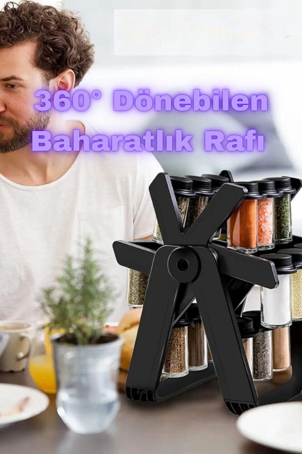 360° Dönen Baharat Rafı Saklama Alanı Kapaklı Etiketli Hava Almaz Baharatlık Rafı