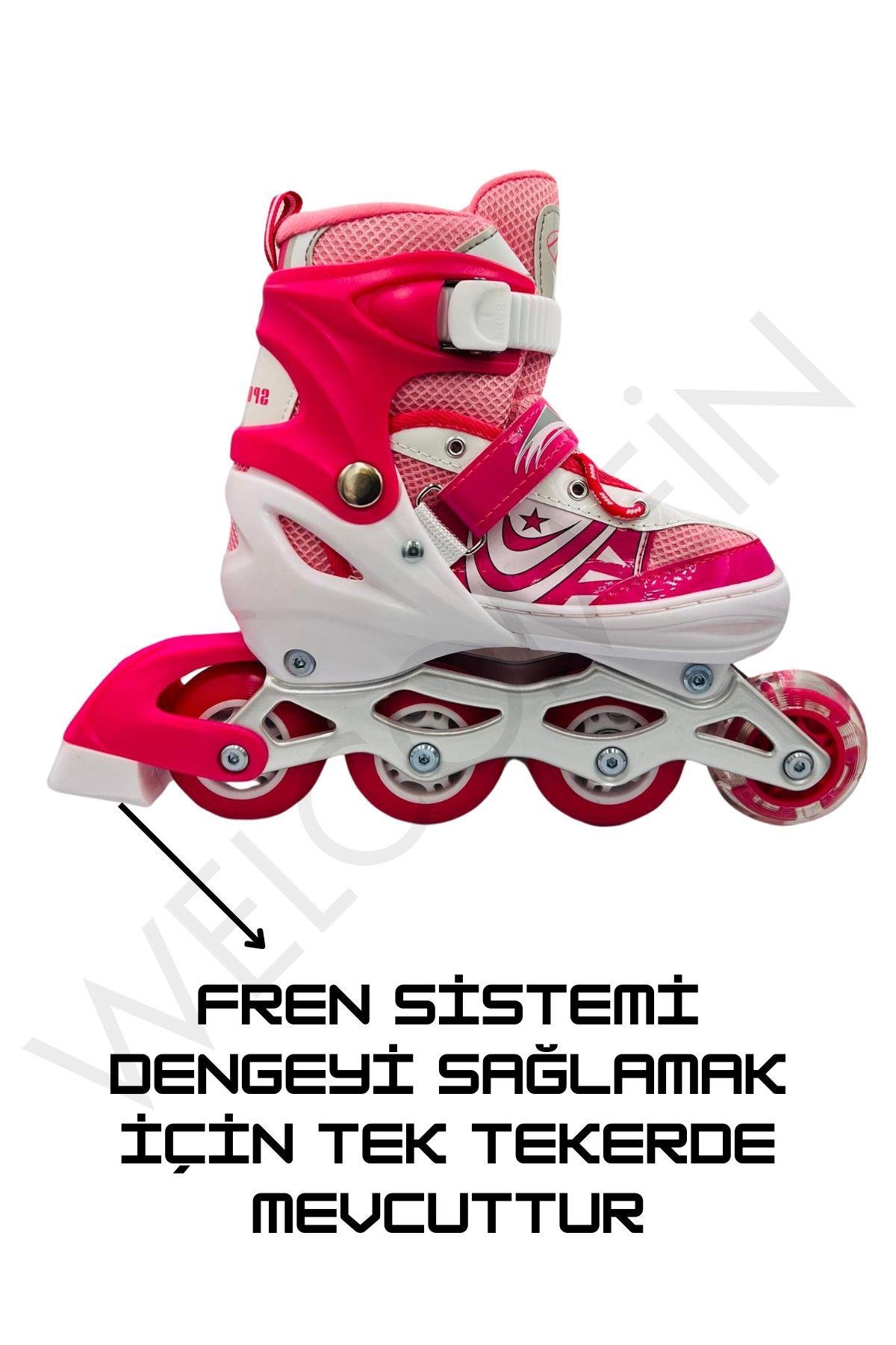 Işıklı 3 Fonksiyonlu Ayarlanabilir Silikon Teker Metal Alıştırma Pateni+Kask+Dizlik+Dirseklik Set