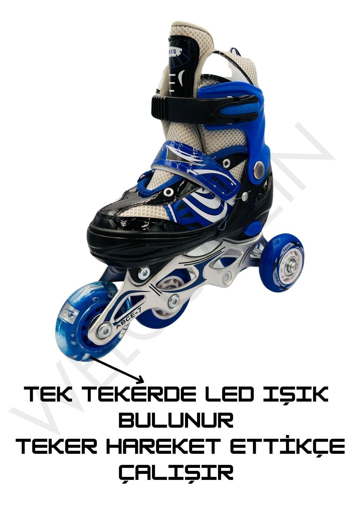 Işıklı 3 Fonksiyonlu Ayarlanabilir Silikon Teker Metal Alıştırma Pateni+Kask+Dizlik+Dirseklik Set