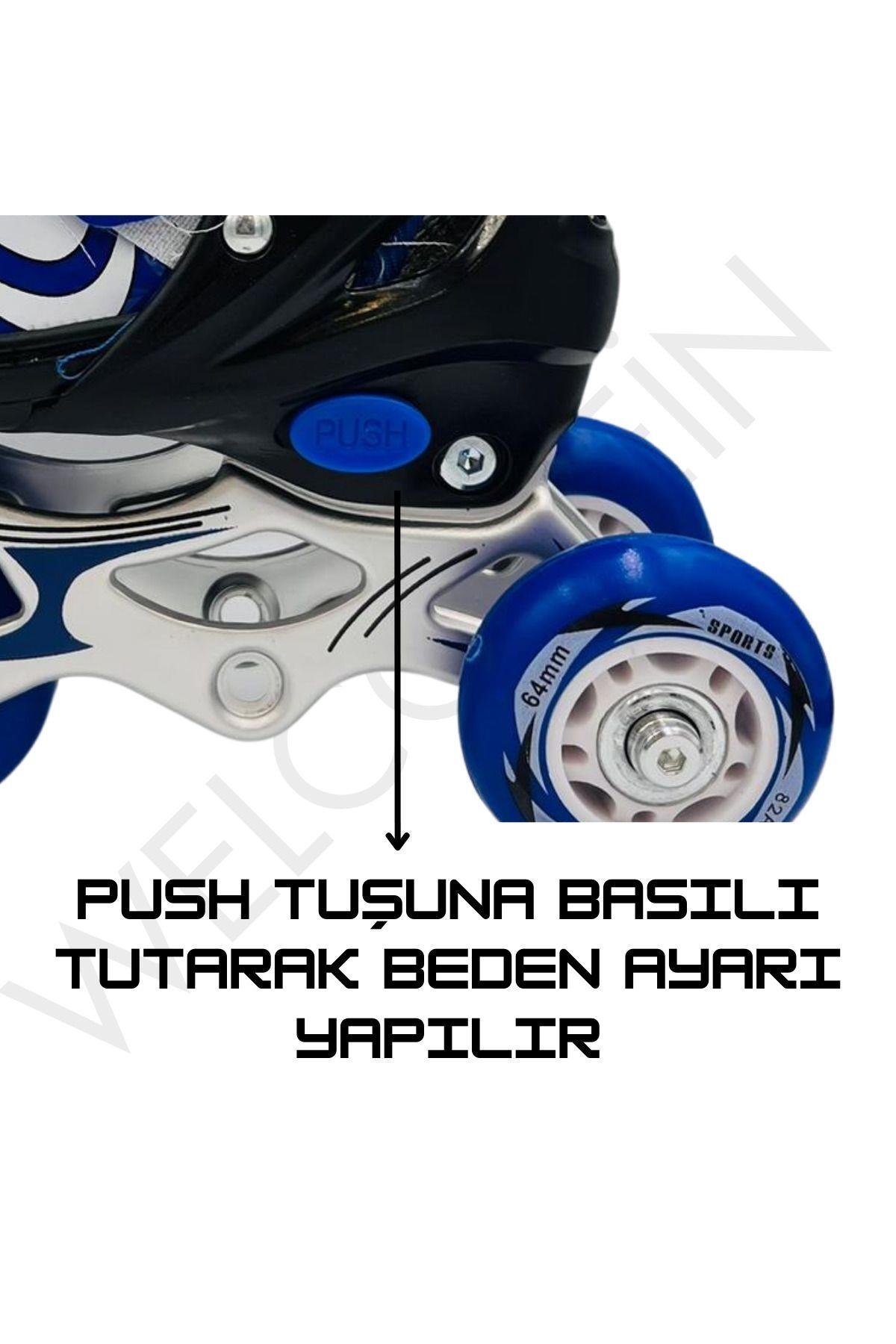 Işıklı 3 Fonksiyonlu Ayarlanabilir Silikon Teker Metal Alıştırma Pateni+Kask+Dizlik+Dirseklik Set