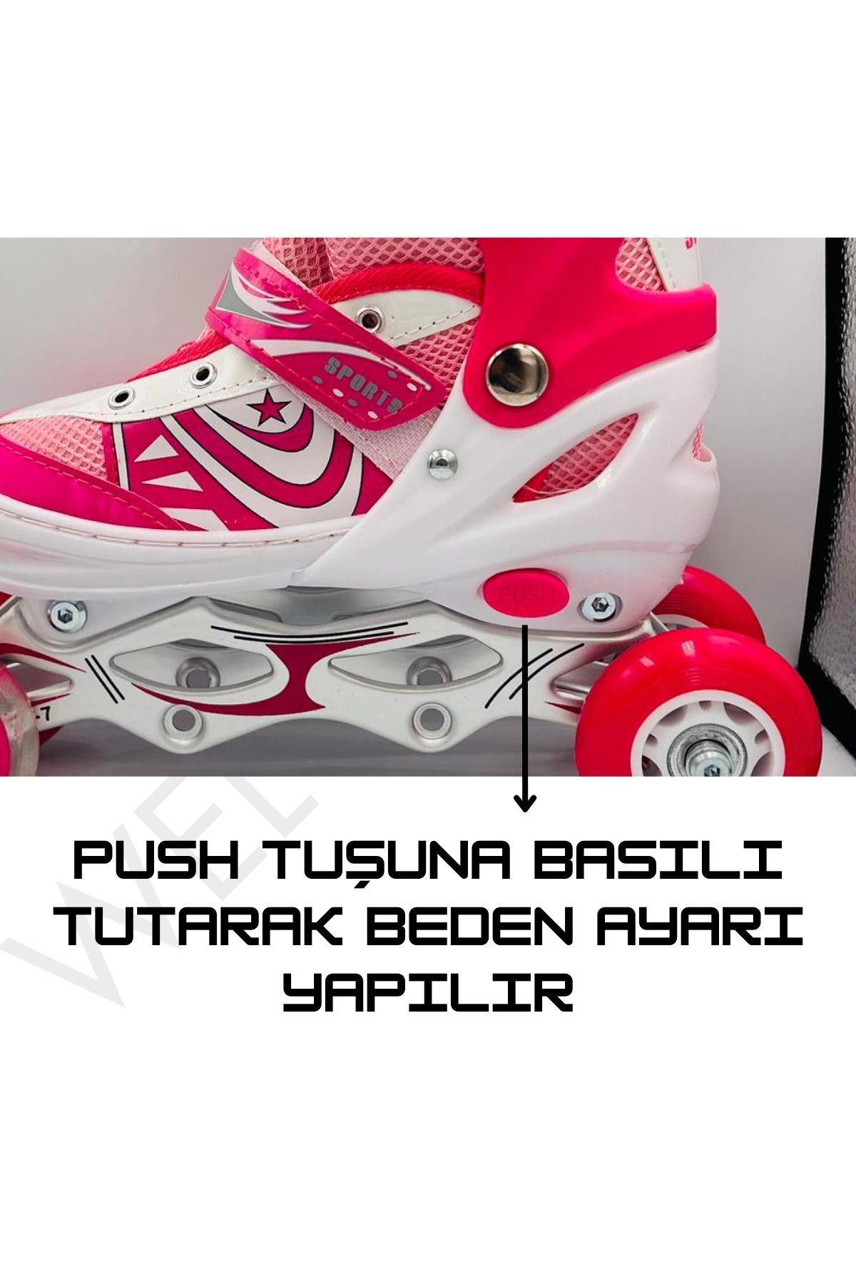 Işıklı 3 Fonksiyonlu Ayarlanabilir Silikon Teker Metal Alıştırma Pateni+Kask+Dizlik+Dirseklik Set