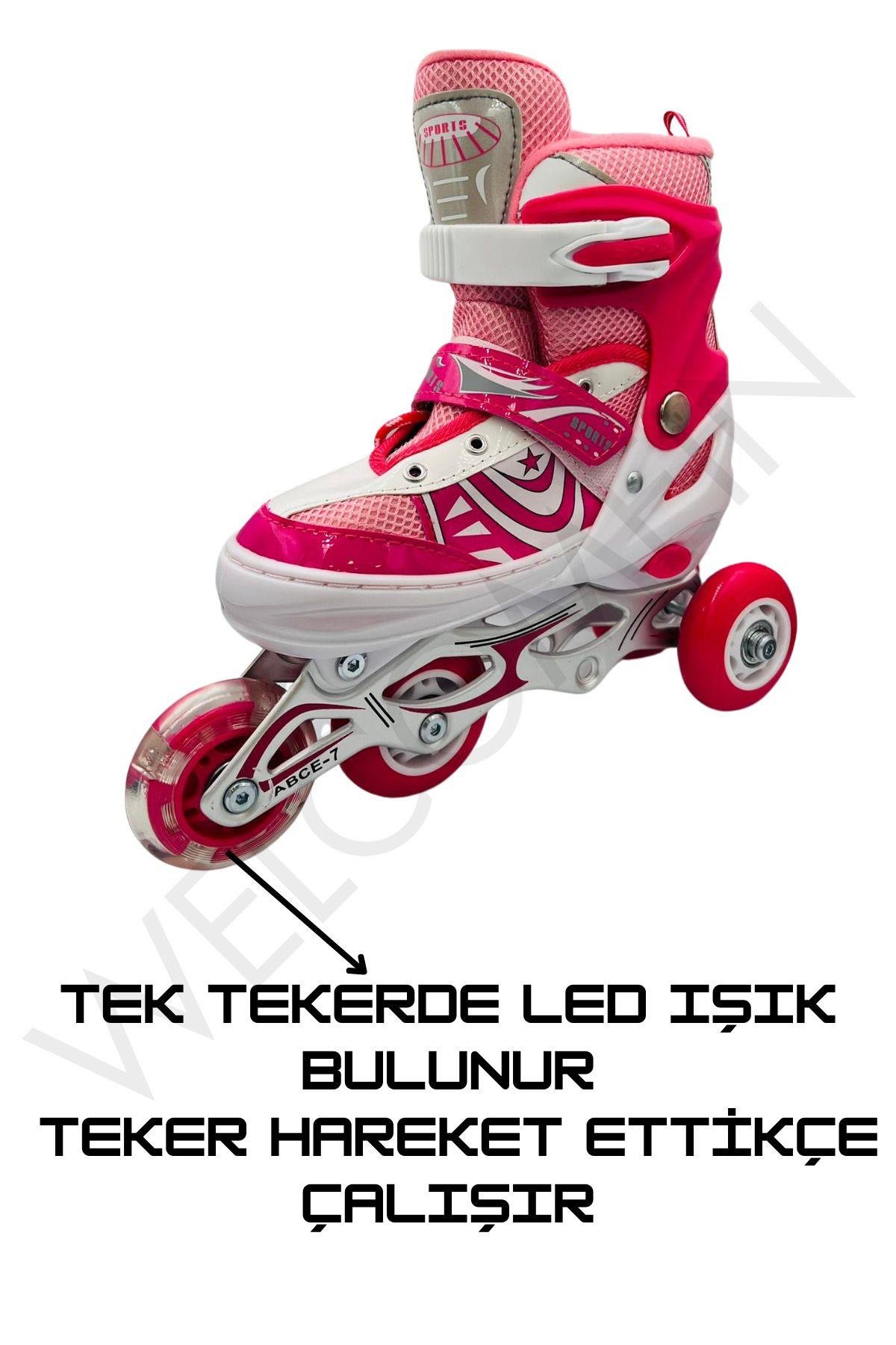 Işıklı 3 Fonksiyonlu Ayarlanabilir Silikon Teker Metal Alıştırma Pateni+Kask+Dizlik+Dirseklik Set