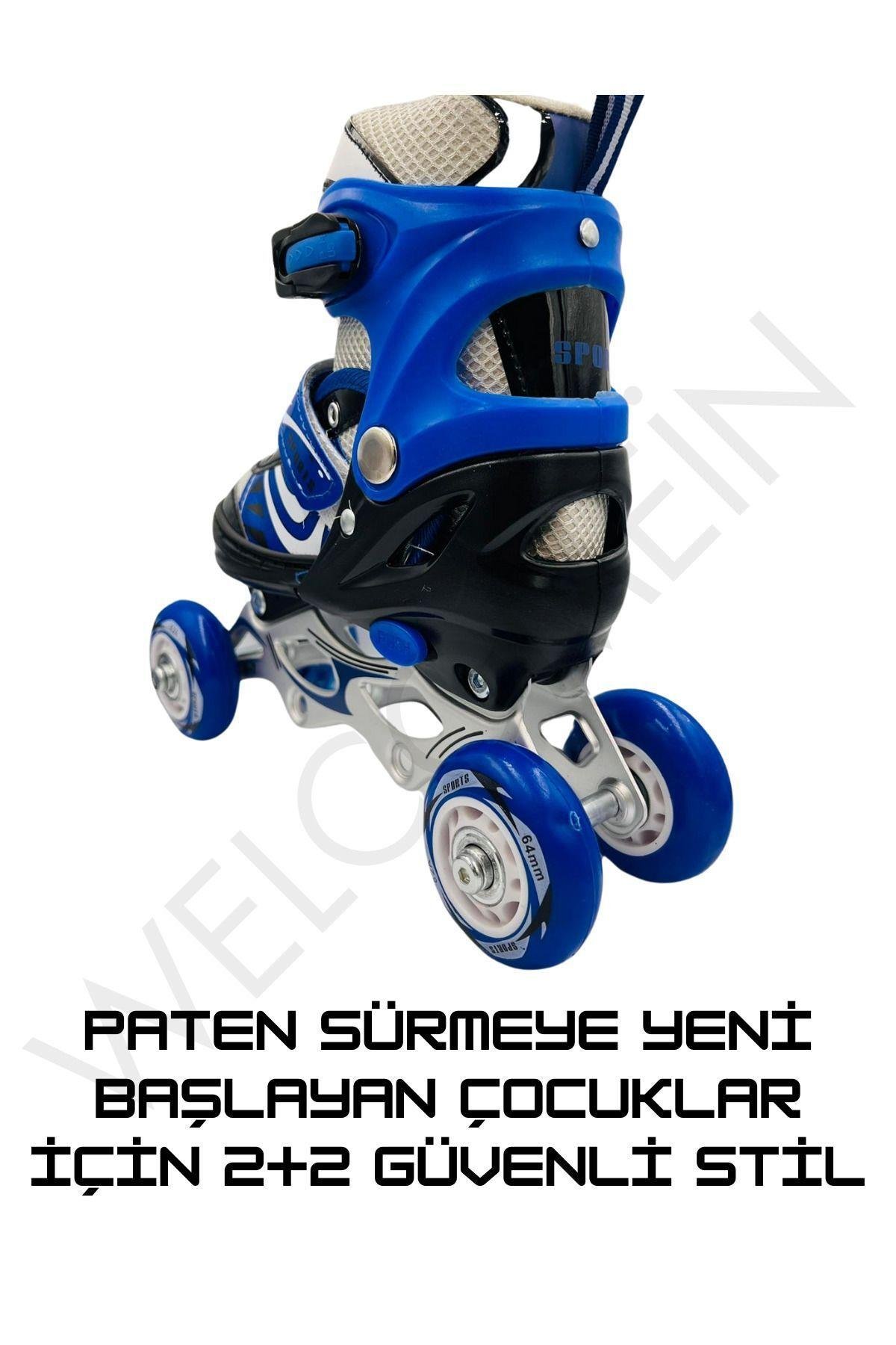 Işıklı 3 Fonksiyonlu Ayarlanabilir Silikon Teker Metal Alıştırma Pateni+Kask+Dizlik+Dirseklik Set