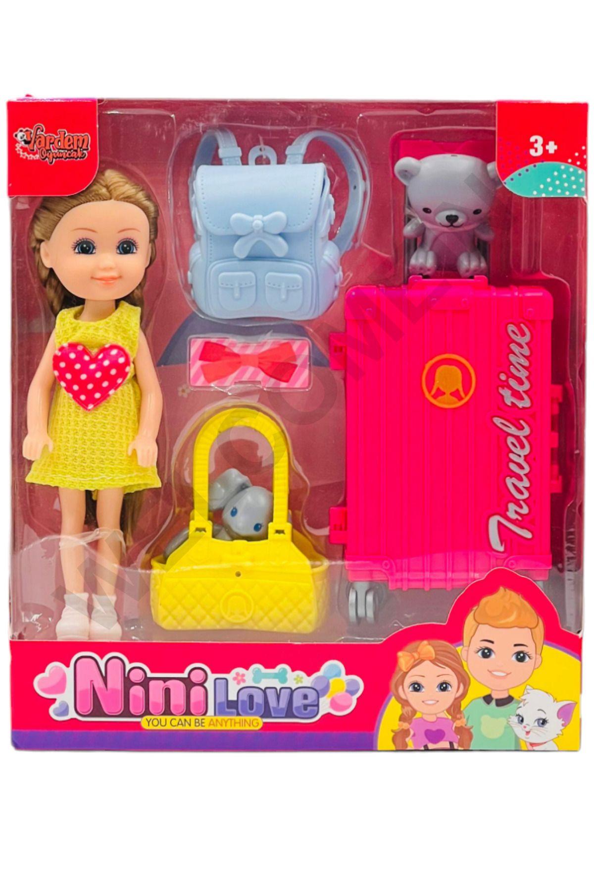 Nini Love Valizli Seyahat Hareketli Eklem Bebek Çantalı Valiz Taşıyan Oyun Seti