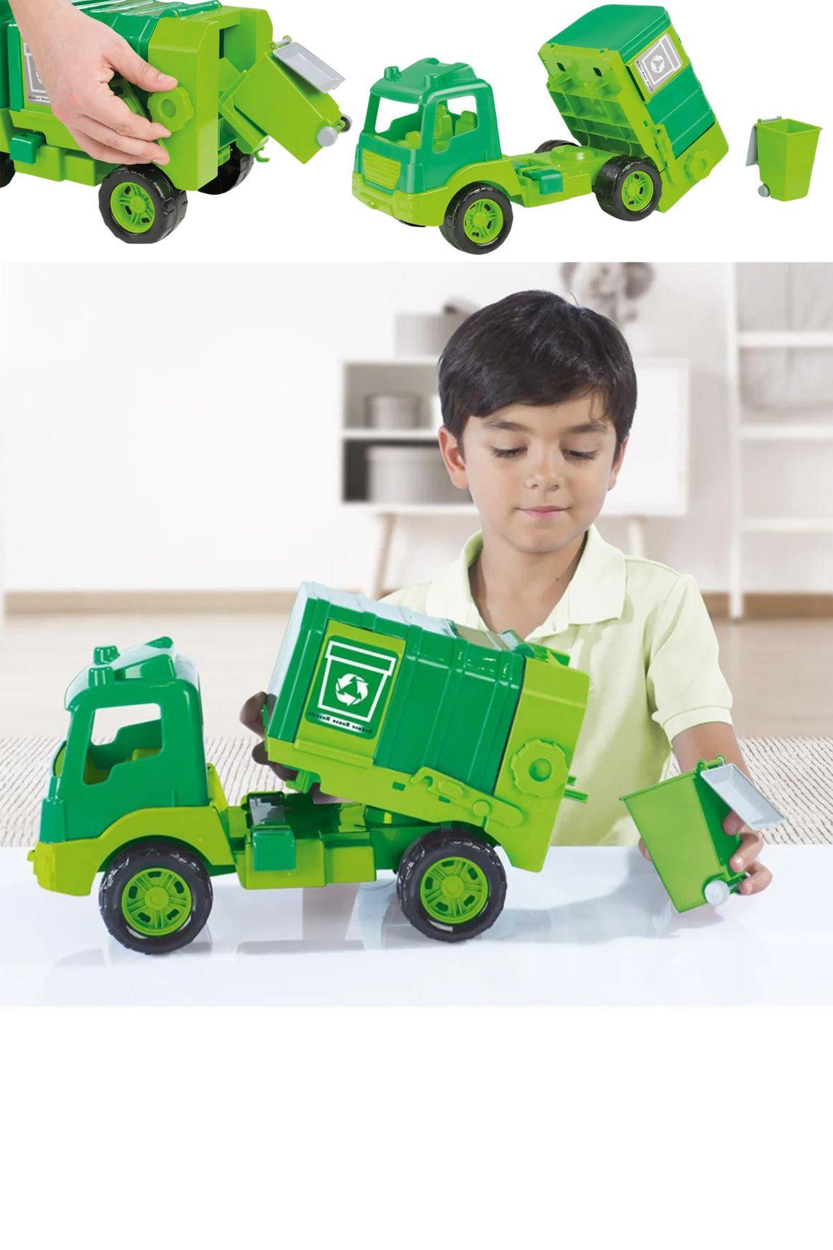 Oyuncak Çöp Kamyonu Damperli Pencereli Çöp Konteynerli Kutulu 43 cm Yeşil