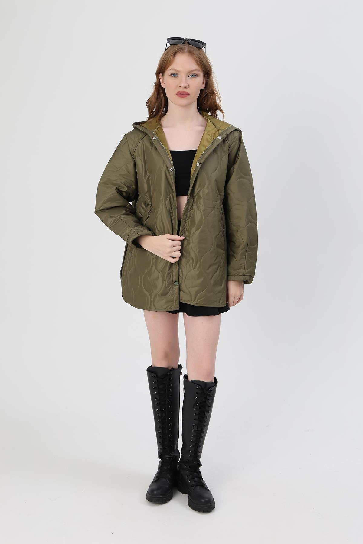 Toptan Kadın Haki Oversize Kapitone Mont