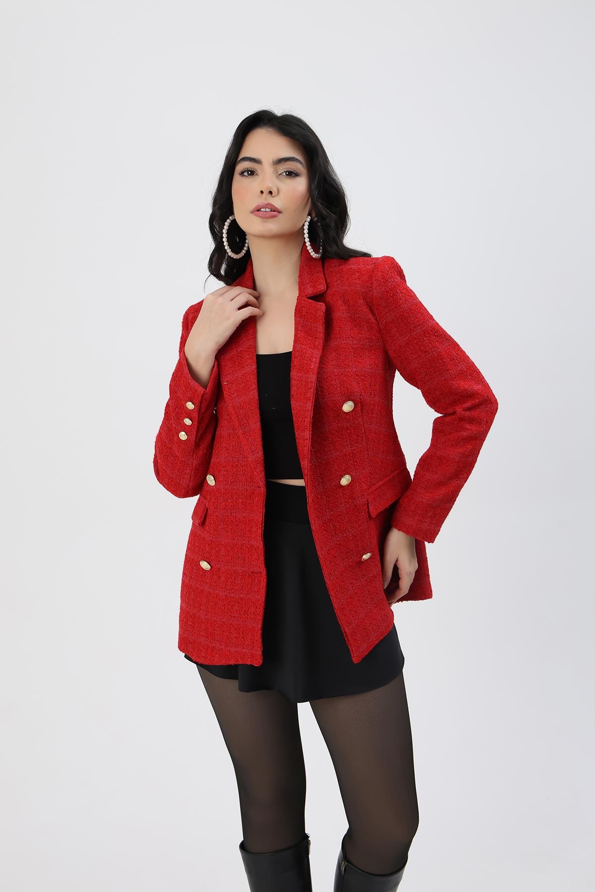 Toptan Kadın Kırmızı Düğmeli Blazer Buklet Tüvit Ceket