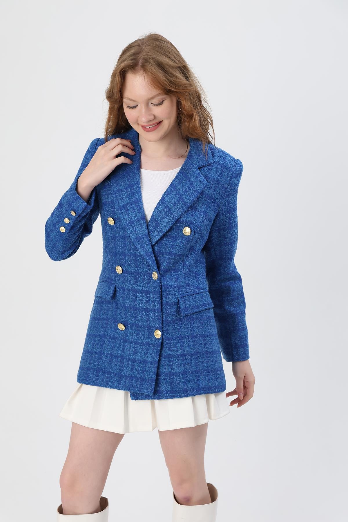 Toptan Kadın Mavi Düğmeli Blazer Buklet Tüvit Ceket