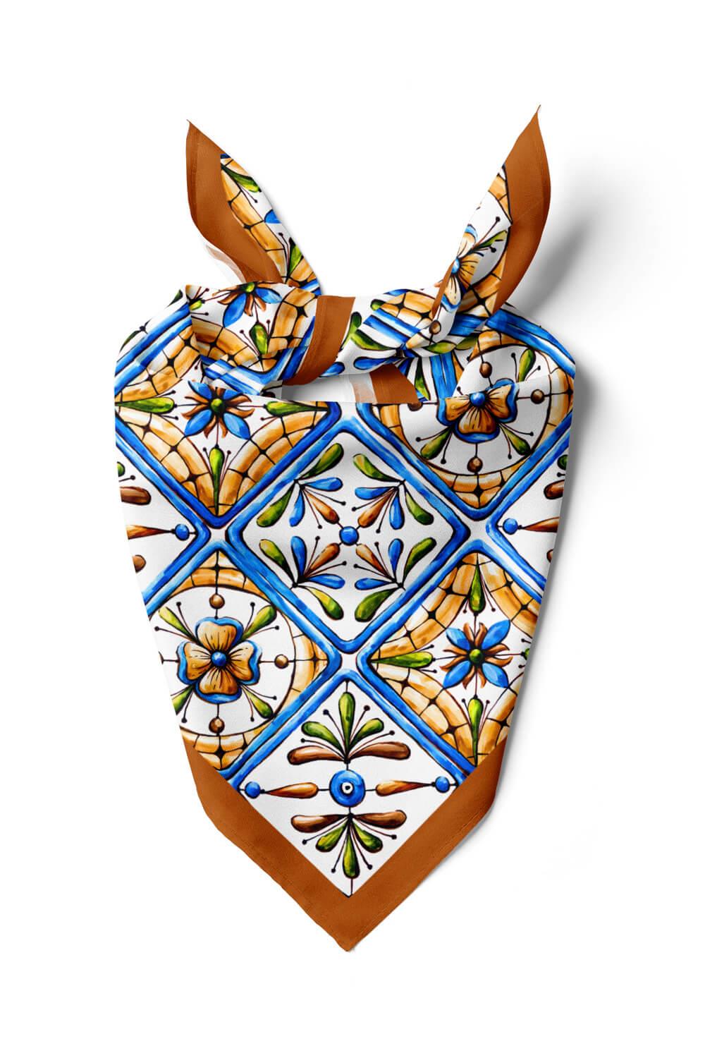 Kadın Kareli Desenli Bandana 50x50 Mavi Sarı DG0338-22