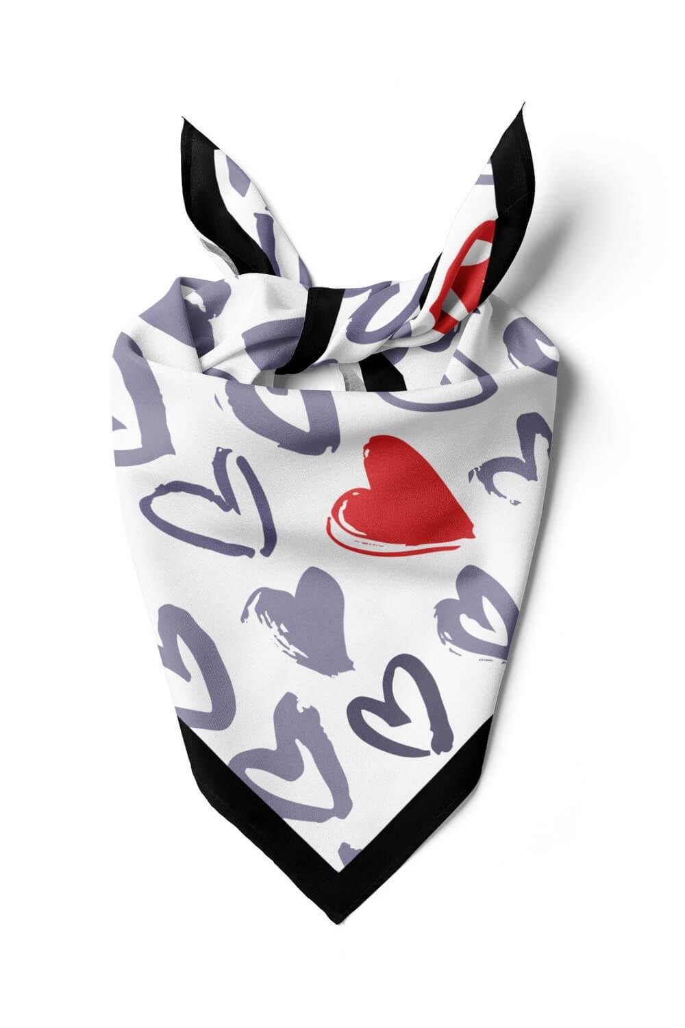 Kadın Kalp Desenli Bandana 50x50 Kırmızı Gri