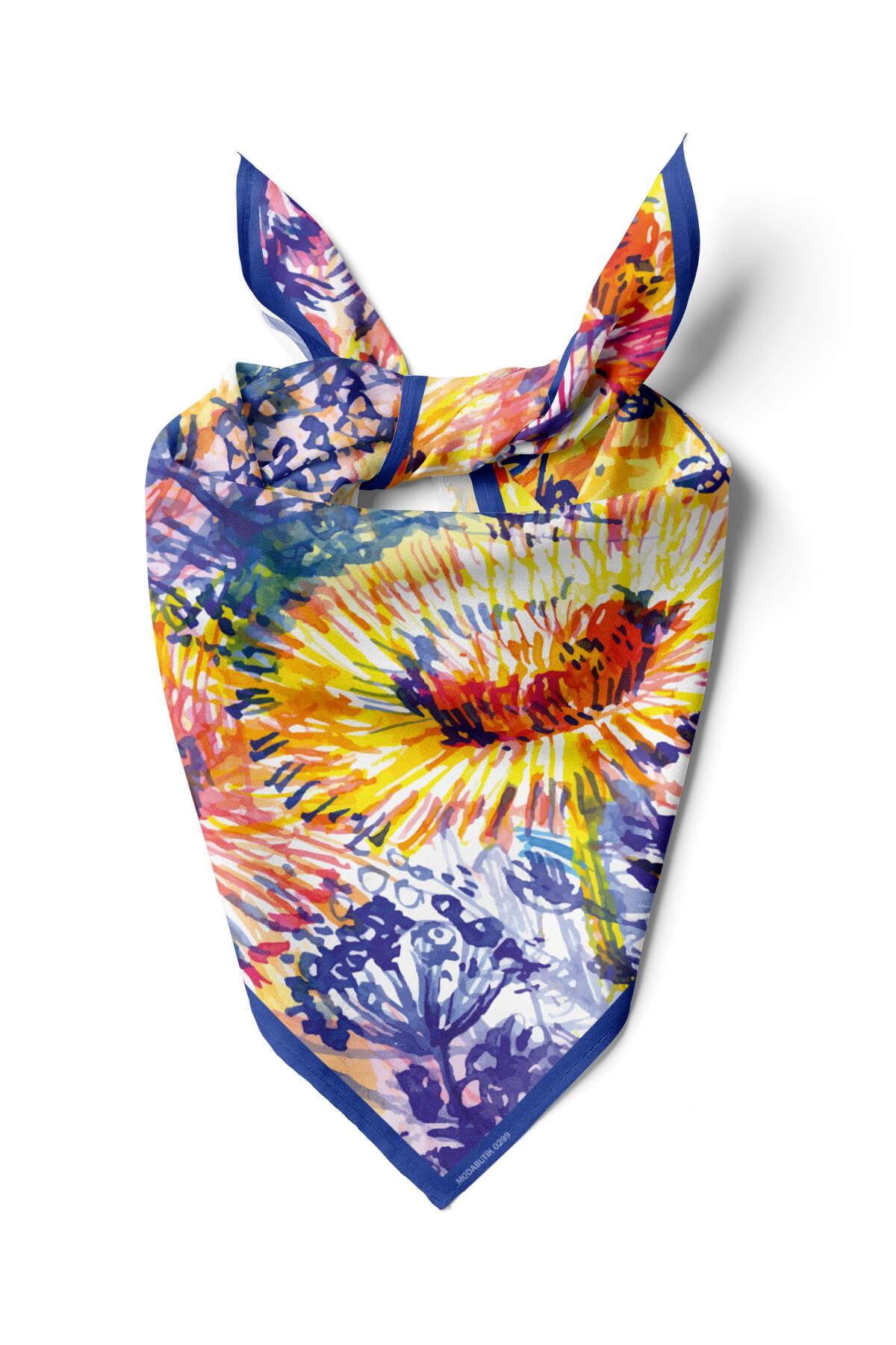 Kadın Yağlı Boya Desenli Bandana 50x50 Sarı DG0299-22