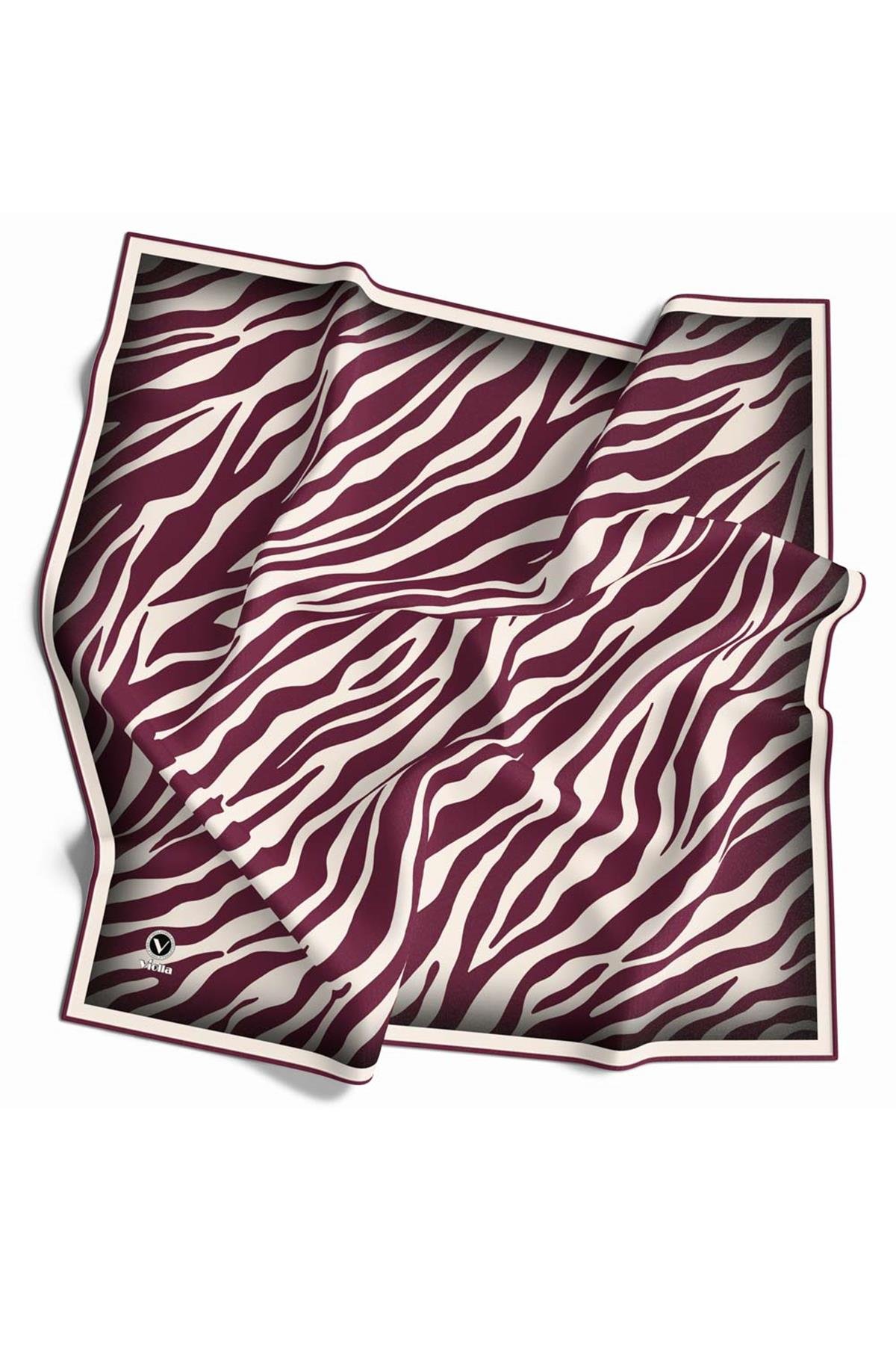 Kristal Zebra Desenli Krem - Mürdüm Renkli 90x90 Eşarp (İpek İçermez) Dikim Şekli : El Dikişi