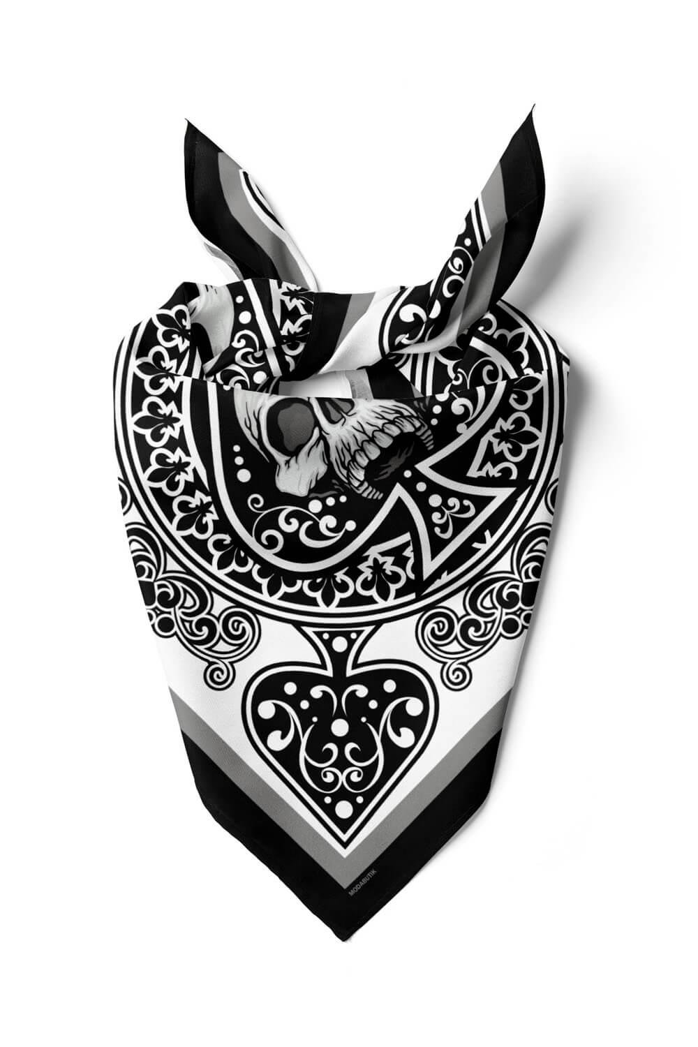 Kadın Siyah Beyaz Gri Skull Desenli 50x50 Bandana HYL DG0982-22