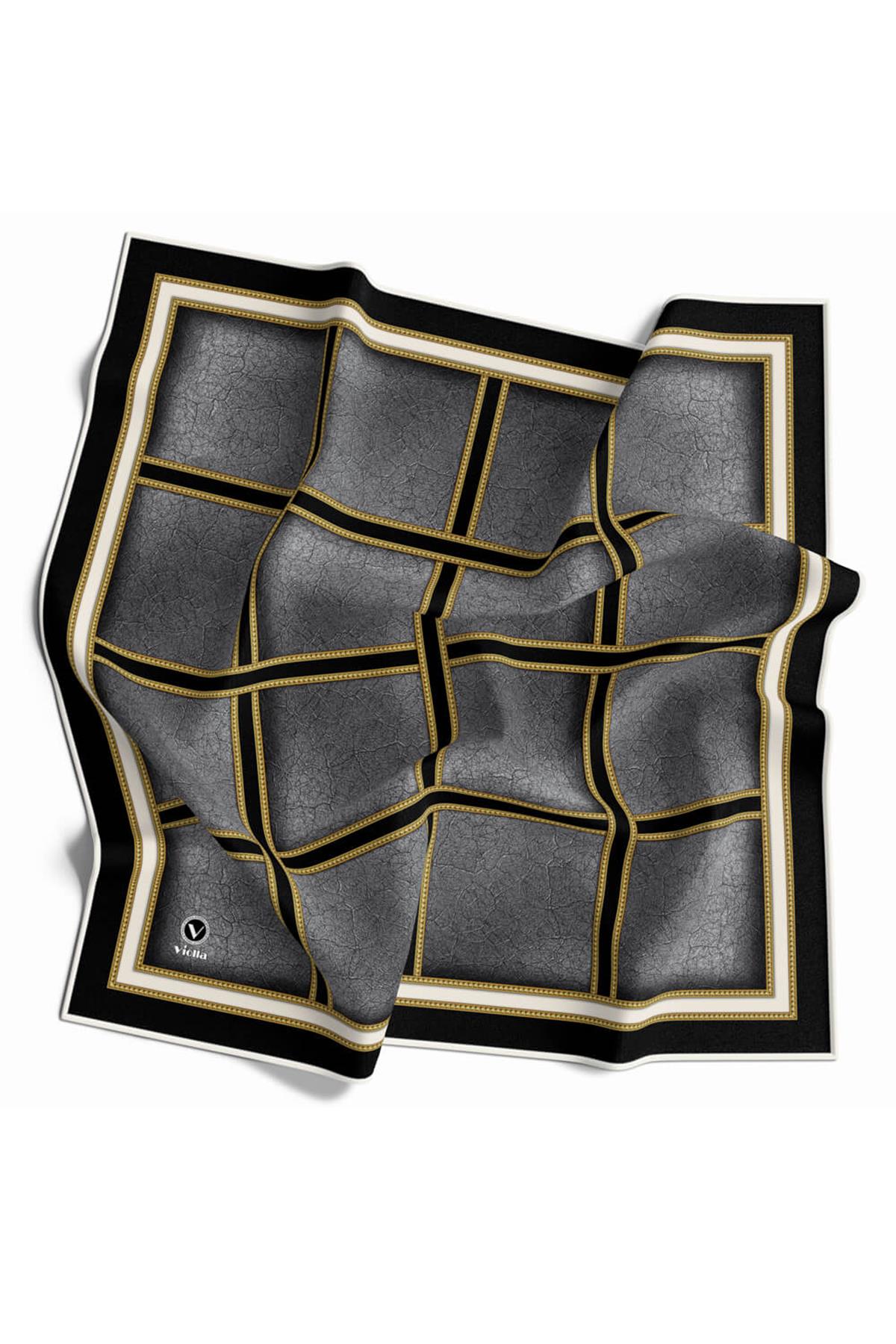 Kristal Taş Efektli Gold Şerit Desenli Gri Renkli 90x90 Eşarp (İpek İçermez) Kenar Dikiş Şekli El Dikişli