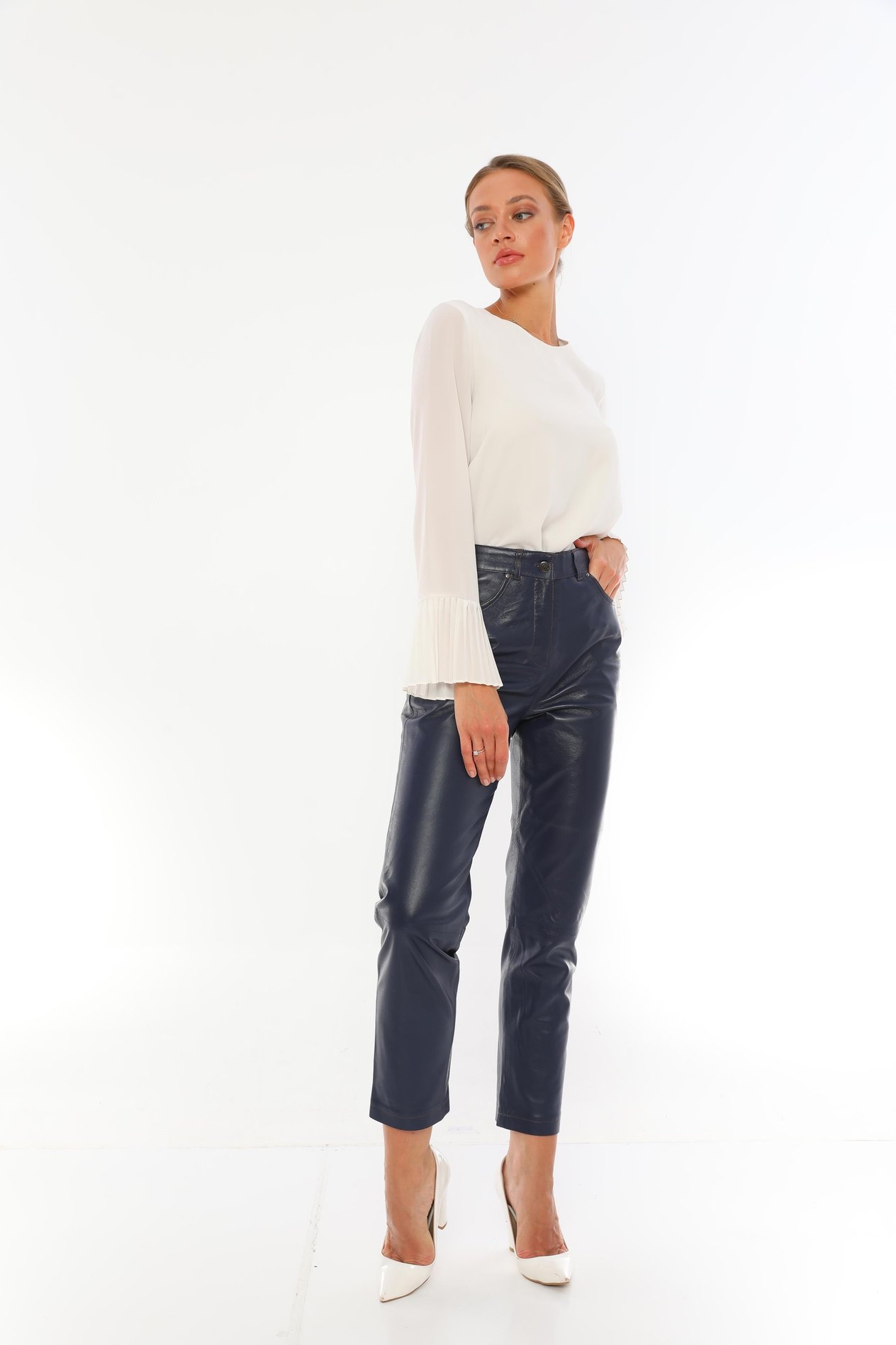  Basics&More Kadın Beş Cepli Lacivert Deri Pantolon - P02 