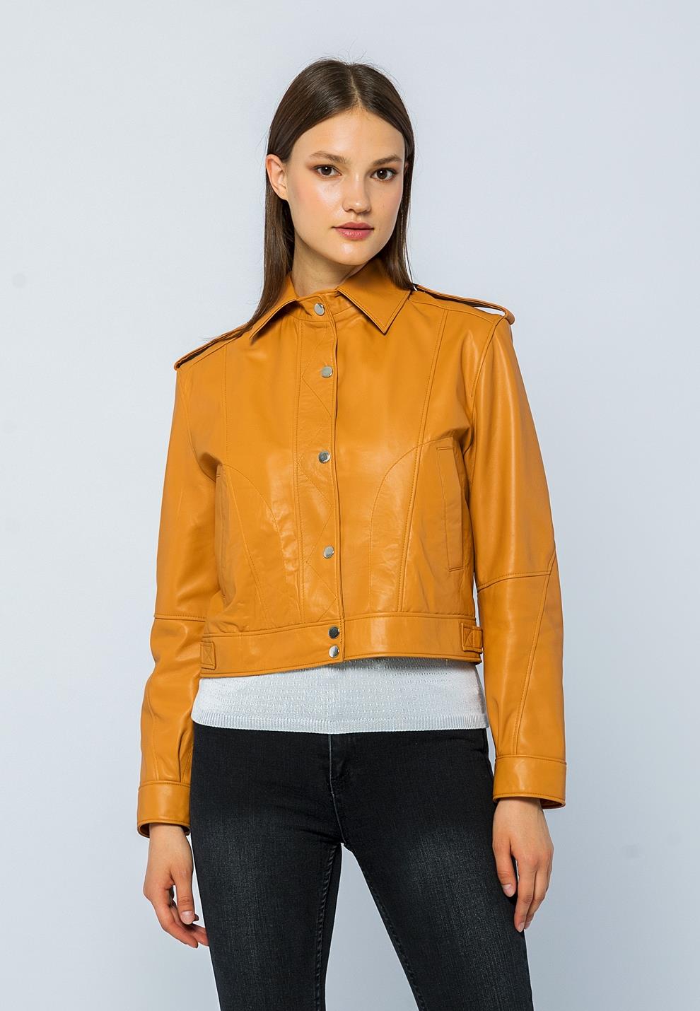 Basics&More Women Quilted Button Camel Leather Jacket - KENDALL