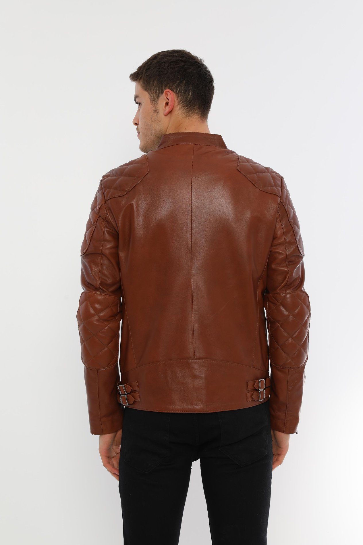Basics&More Erkek Biker Kestane Deri Ceket - E/1042