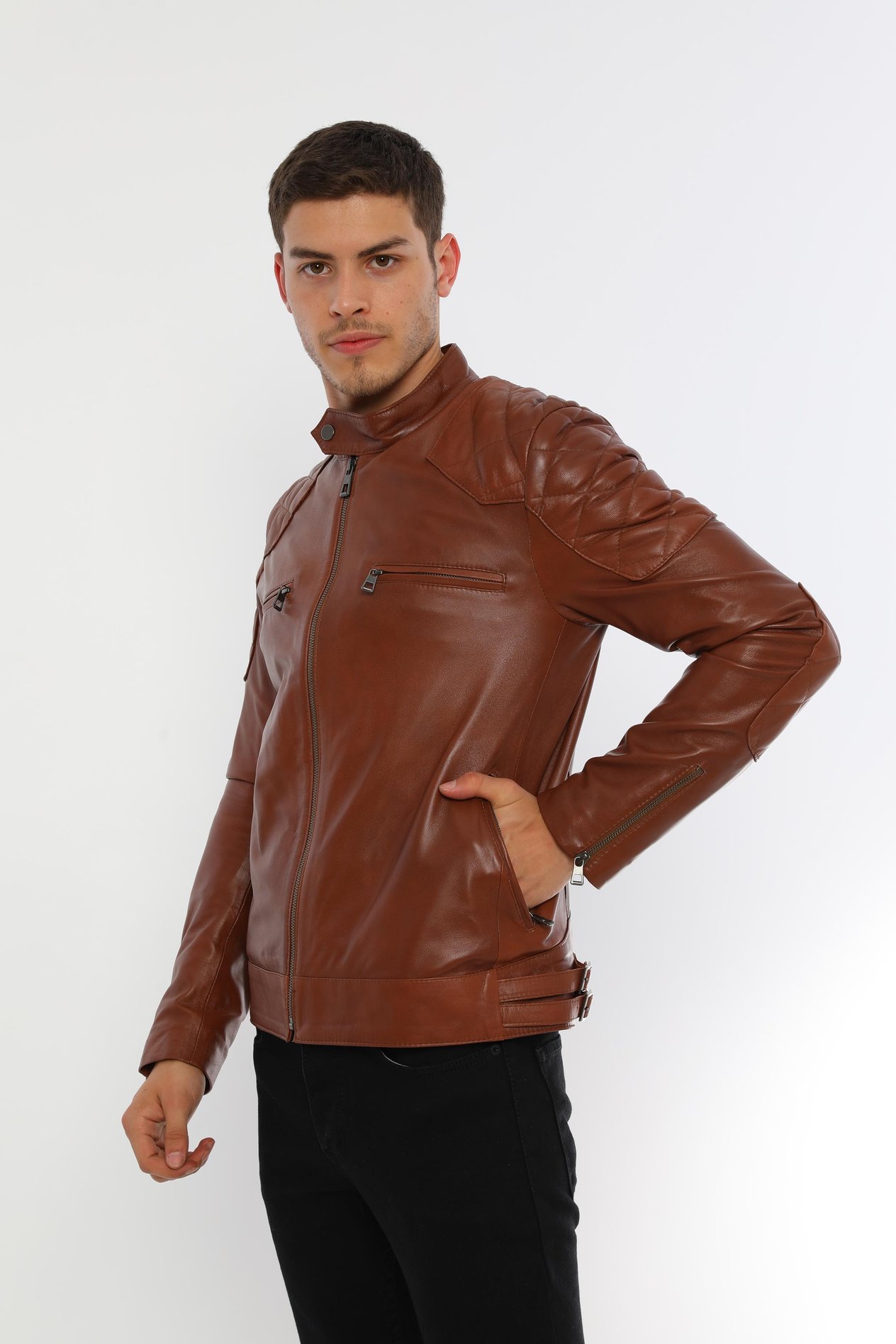 Basics&More Erkek Biker Kestane Deri Ceket - E/1042