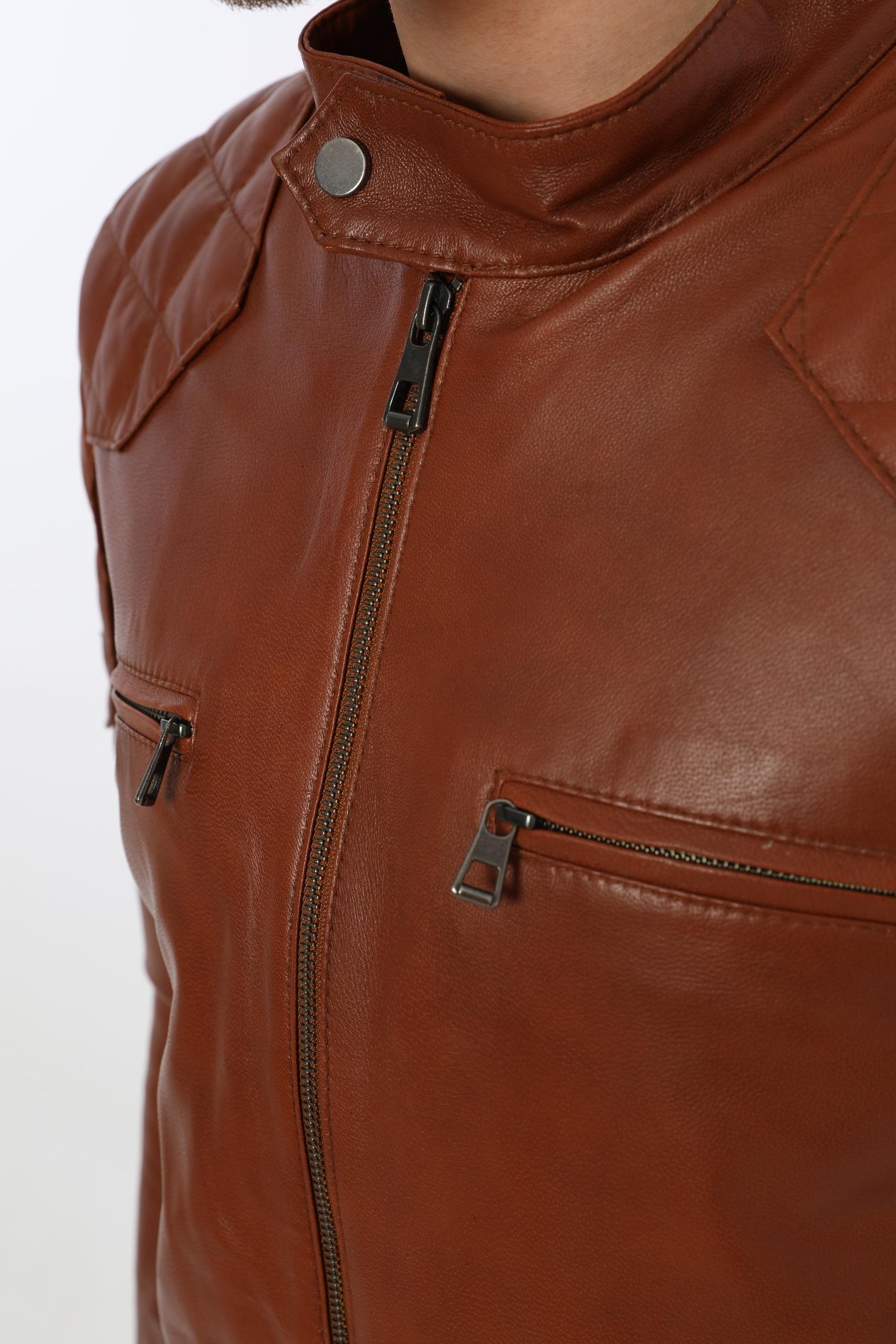 Basics&More Erkek Biker Kestane Deri Ceket - E/1042