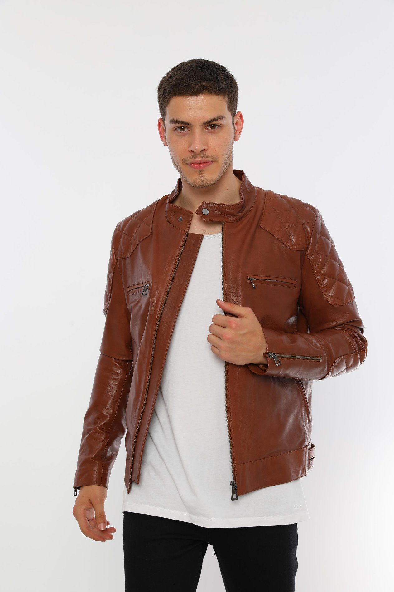 Basics&More Erkek Biker Kestane Deri Ceket - E/1042