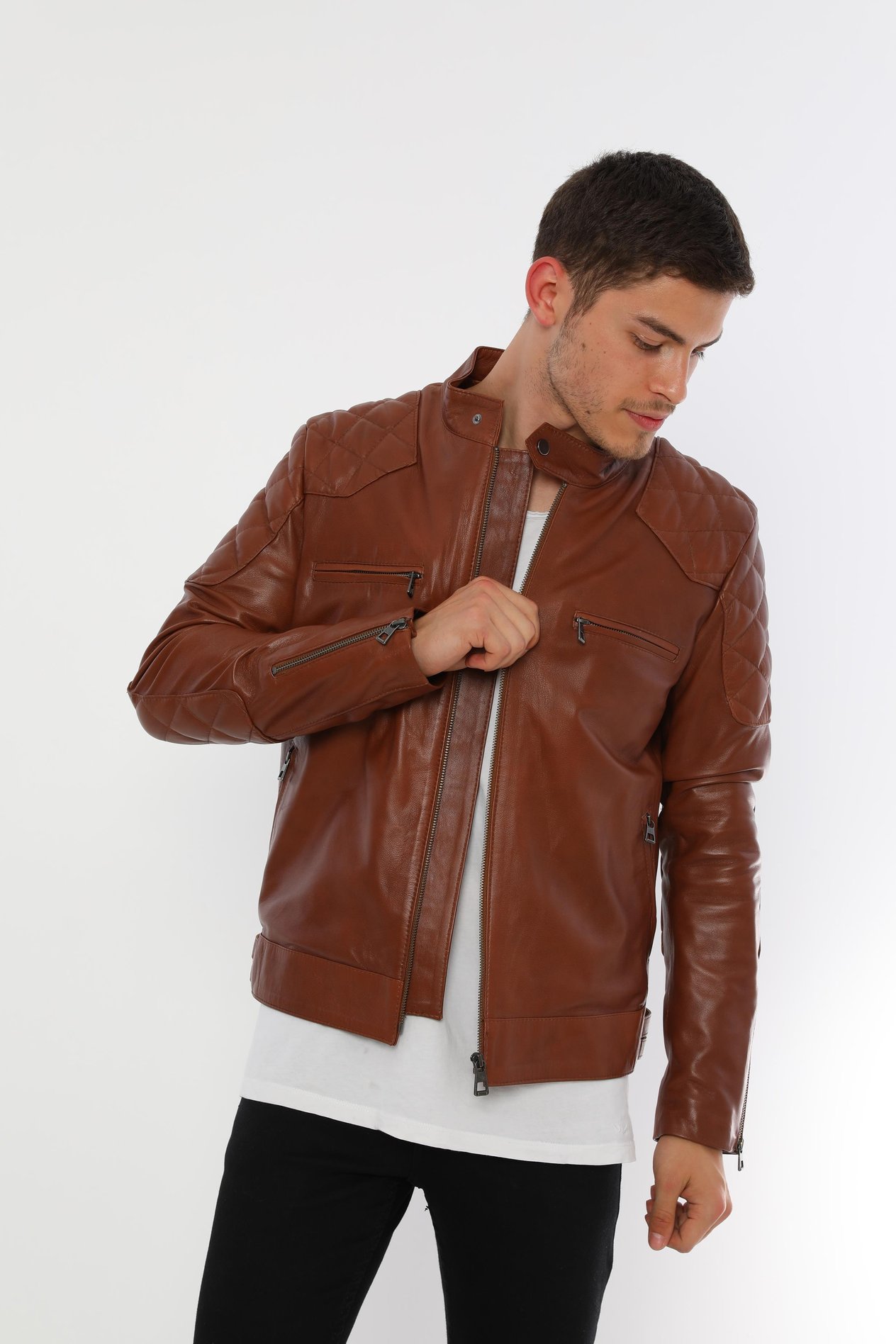 Basics&More Erkek Biker Kestane Deri Ceket - E/1042