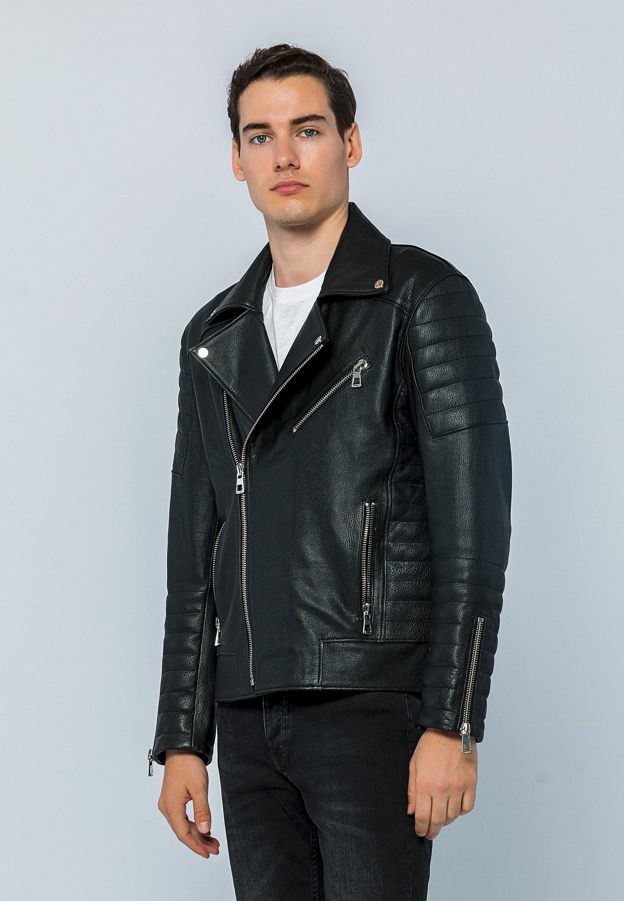 Basics&More Erkek Biker Siyah Jumbo Deri Ceket - E6735