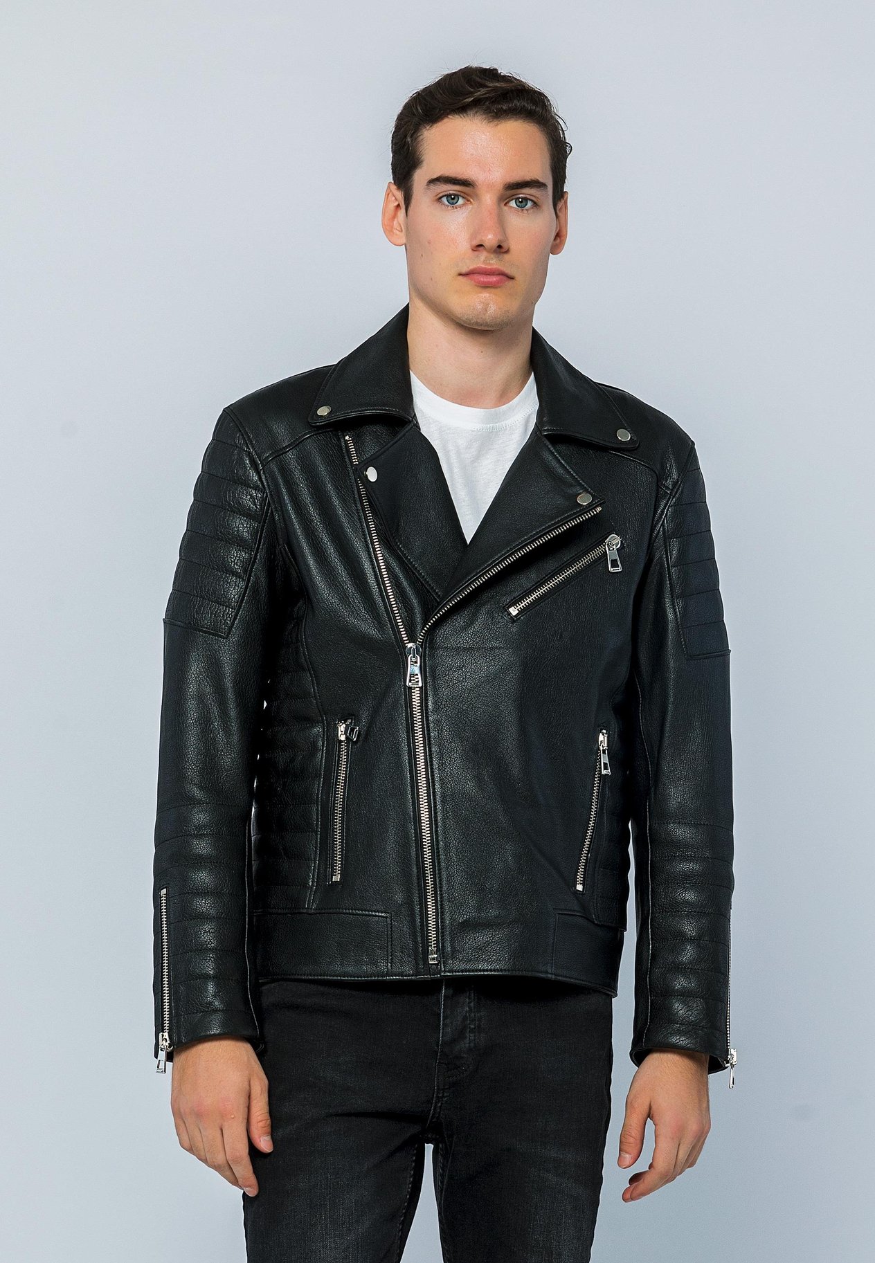 Basics&More Erkek Biker Siyah Jumbo Deri Ceket - E6735