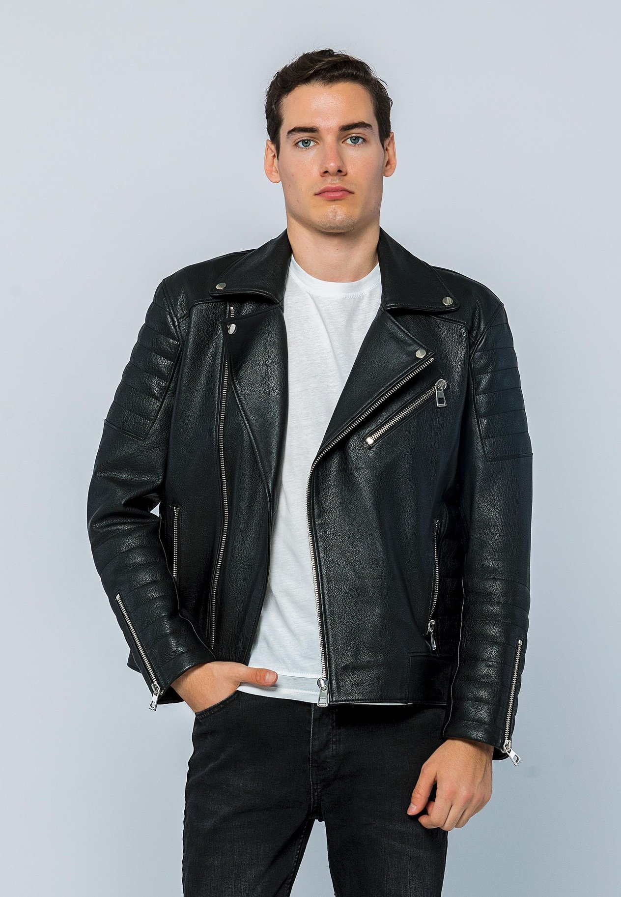 Basics&More Erkek Biker Siyah Jumbo Deri Ceket - E6735