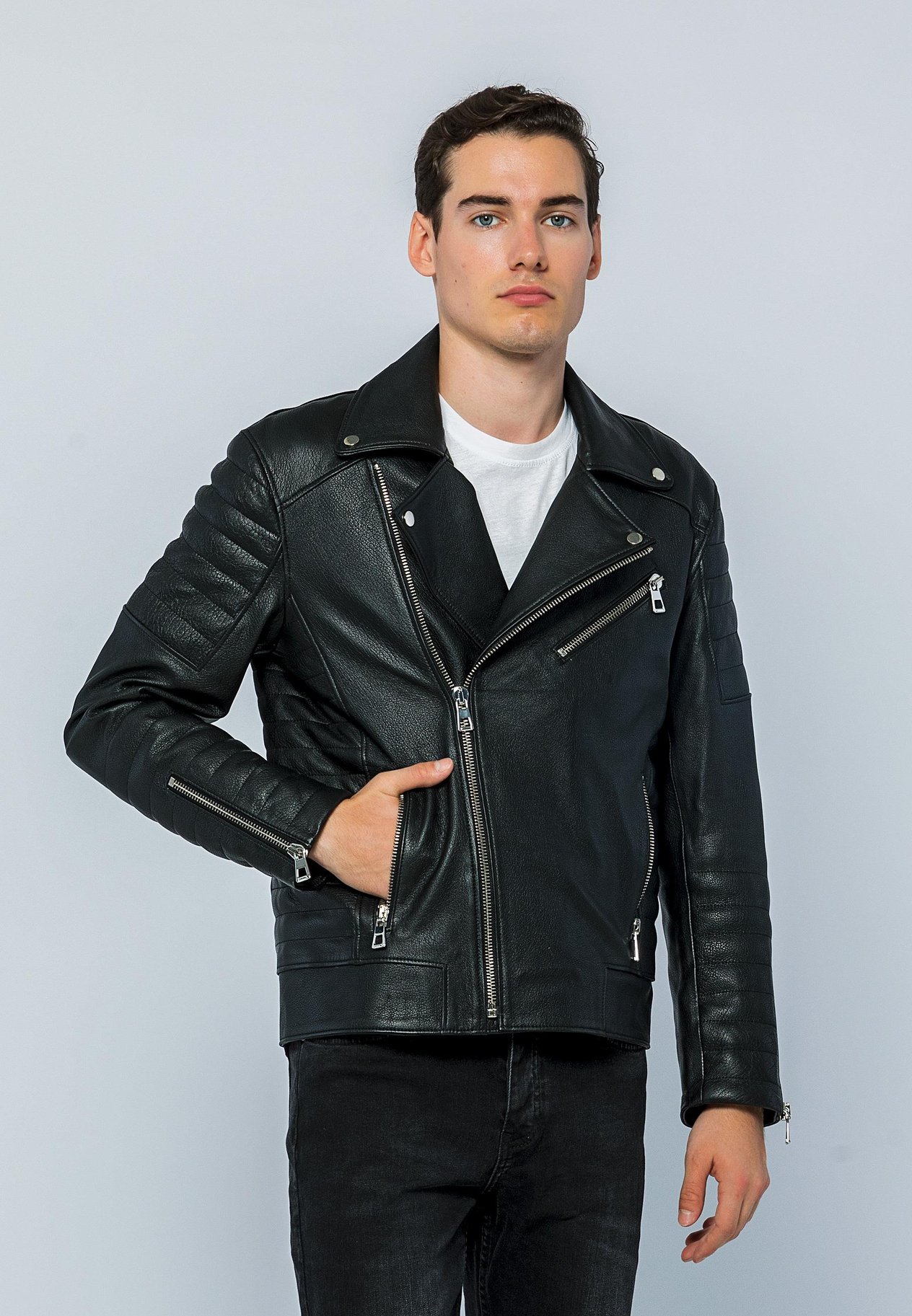 Basics&More Erkek Biker Siyah Jumbo Deri Ceket - E6735