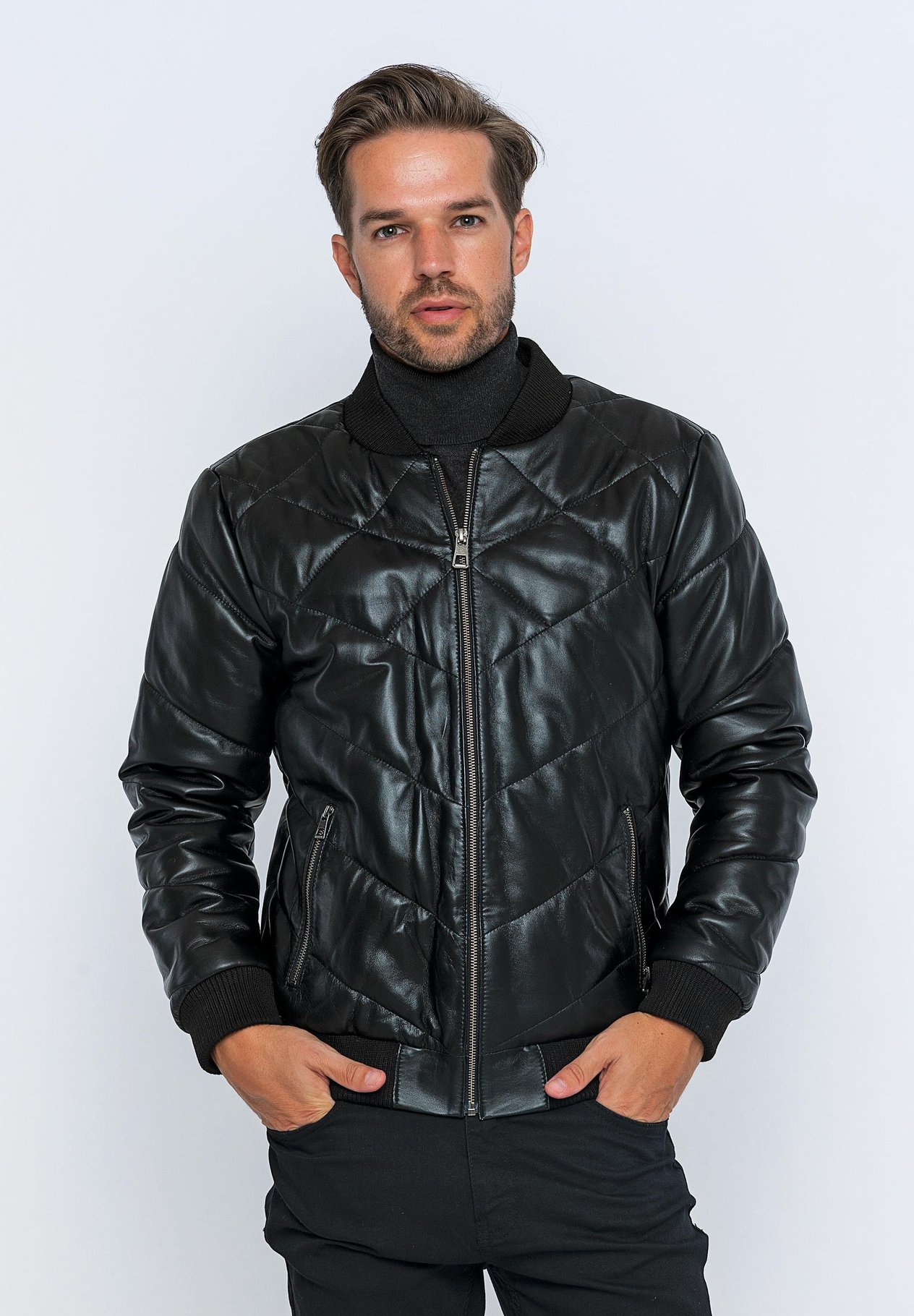 Basics&More Mens Bomber Black Leather Jacket - E30013