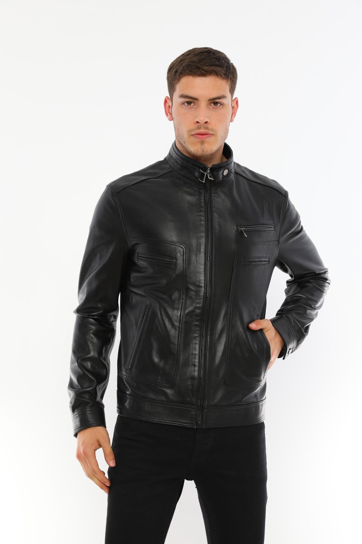 Basics&More Erkek Dik Yaka Kestane Deri Ceket - E062