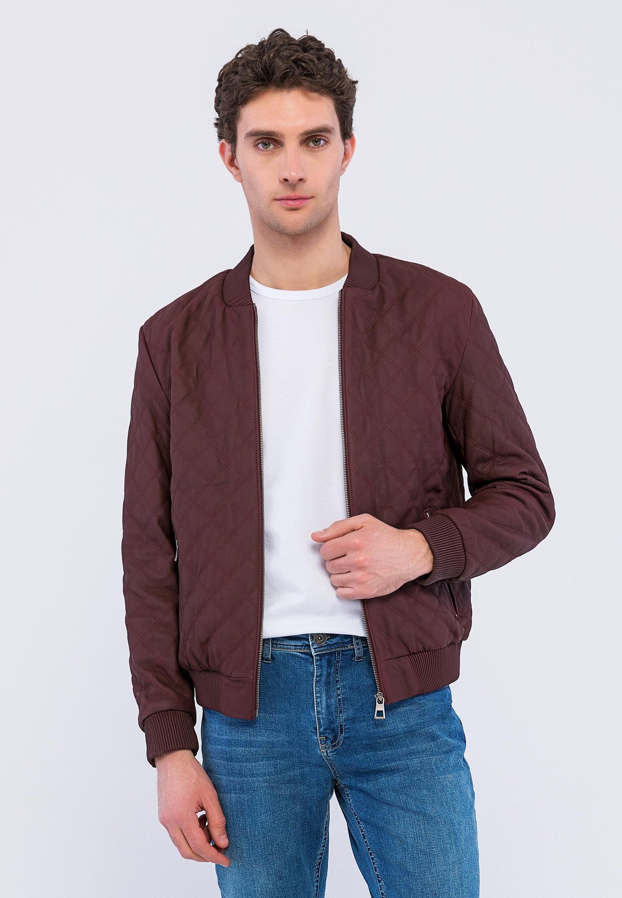 Basics%More Erkek Kapitone Bordo Deri Ceket - E10031