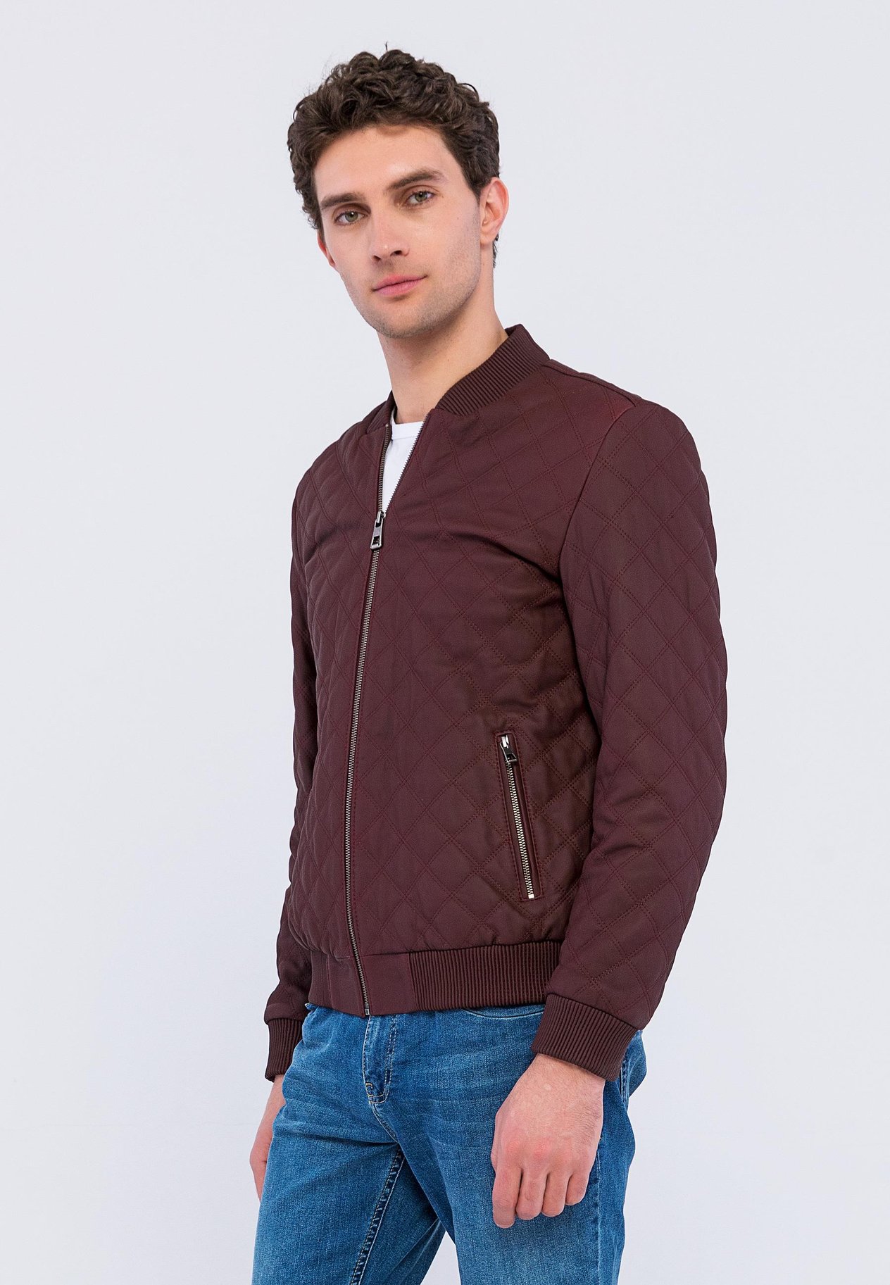 Basics%More Erkek Kapitone Bordo Deri Ceket - E10031