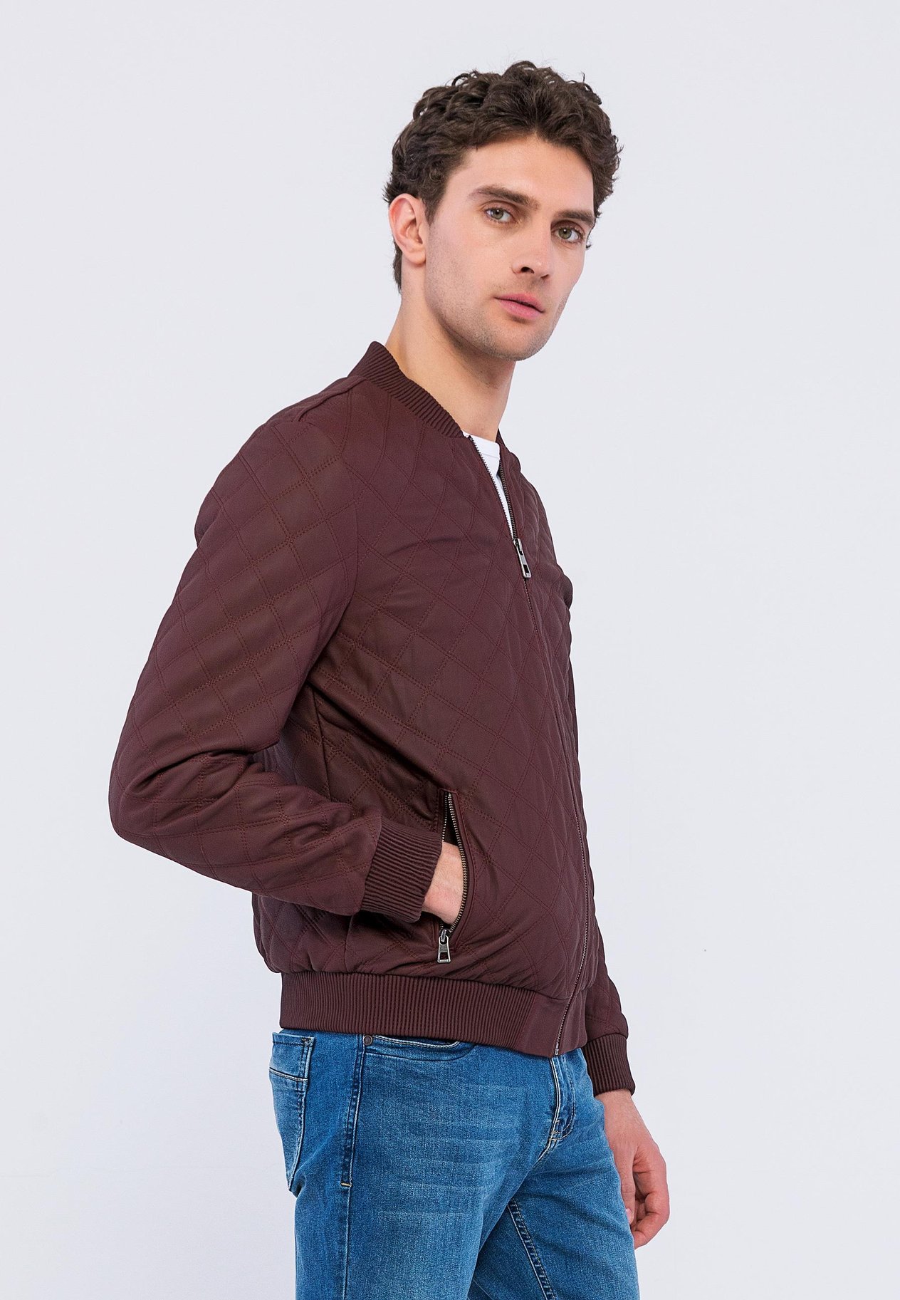 Basics%More Erkek Kapitone Bordo Deri Ceket - E10031