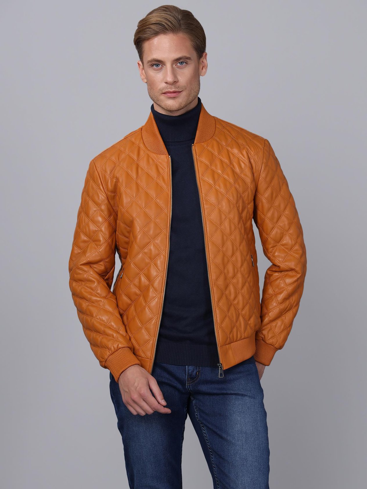 Basics&More Men Quilted Camel Leather Jacket - E10031