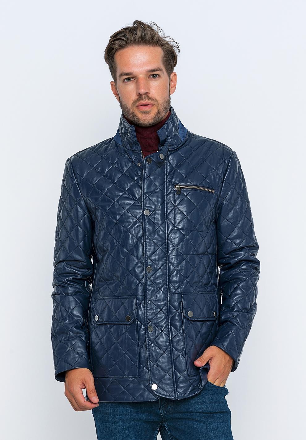 Basics&More Erkek Kapitone Detaylı Koyu Mavi Deri Ceket - E1630