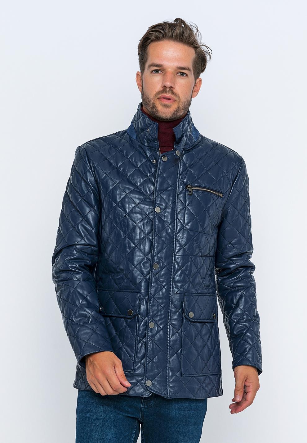 Basics&More Erkek Kapitone Detaylı Koyu Mavi Deri Ceket - E1630