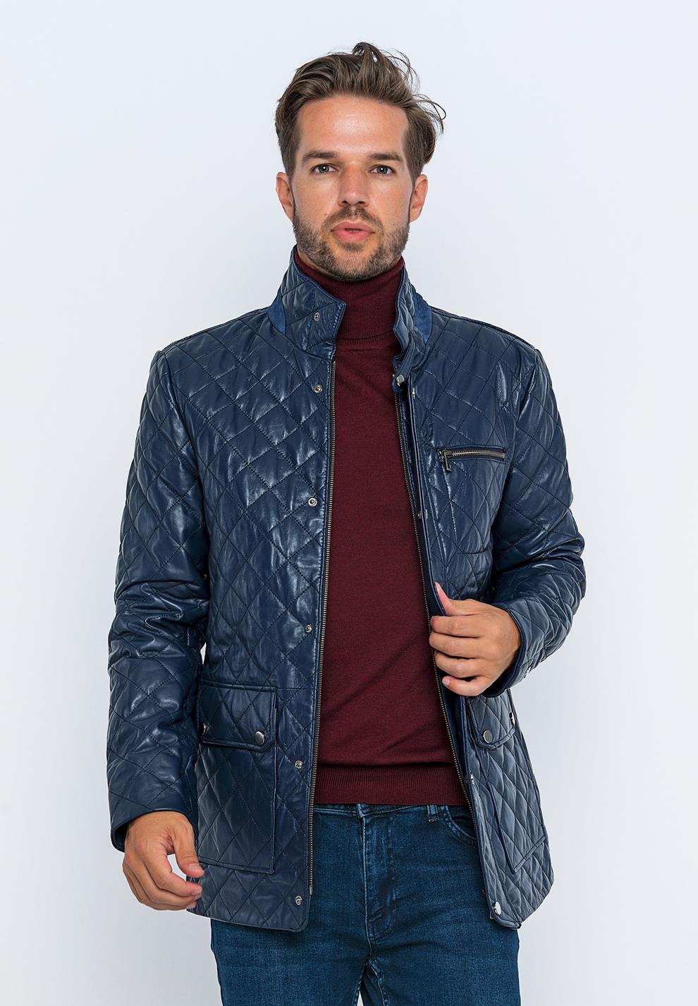 Basics&More Erkek Kapitone Detaylı Koyu Mavi Deri Ceket - E1630