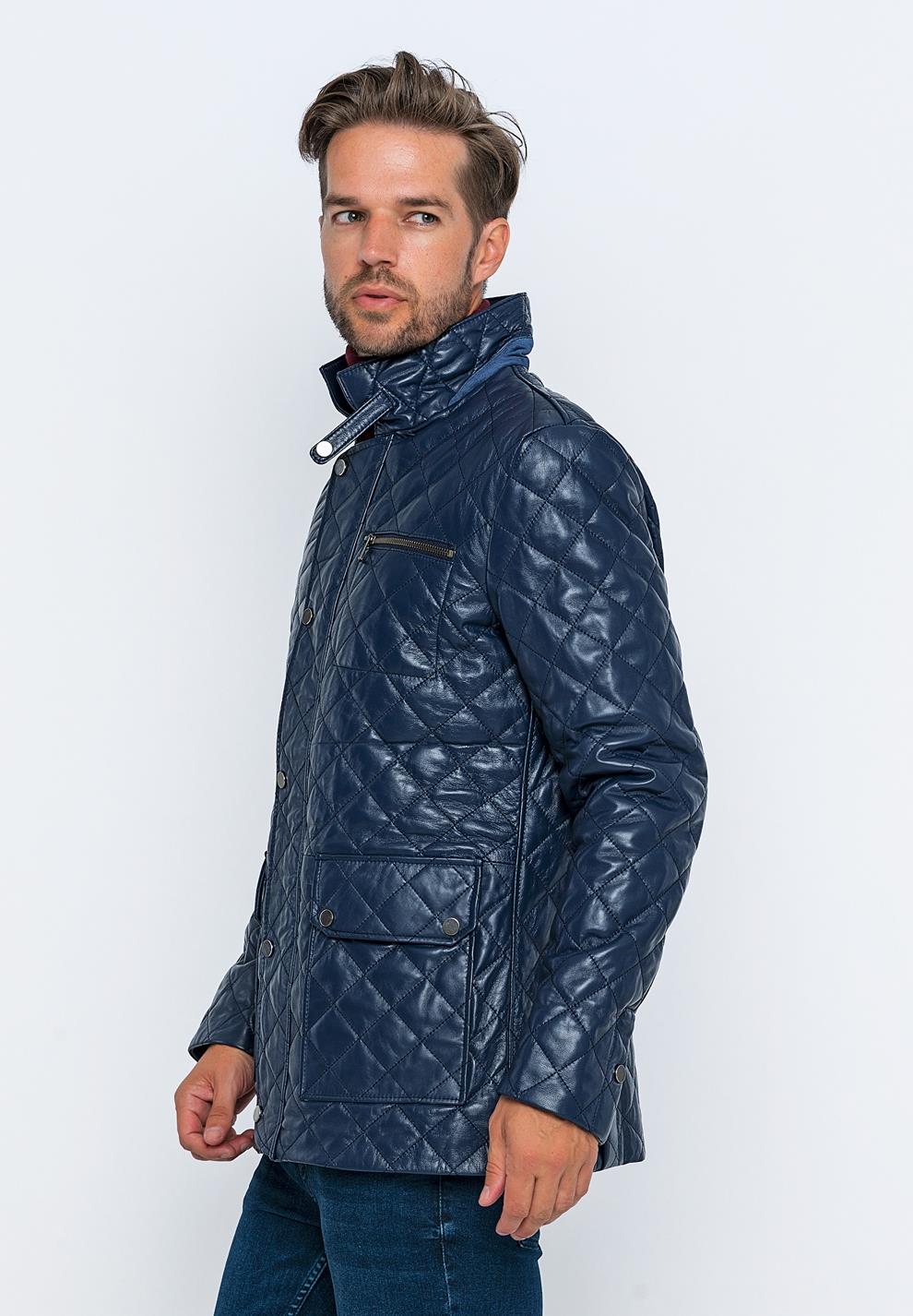 Basics&More Erkek Kapitone Detaylı Koyu Mavi Deri Ceket - E1630