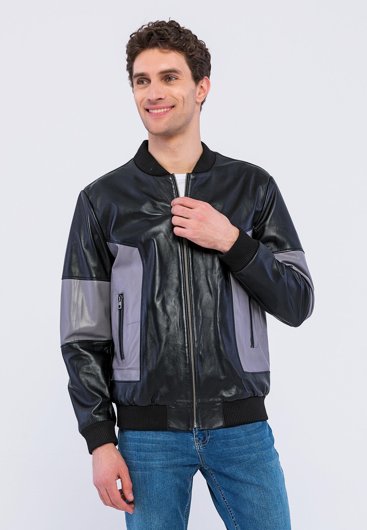 Basics&More Men College Black/Grey Leather Jacket - YNS44