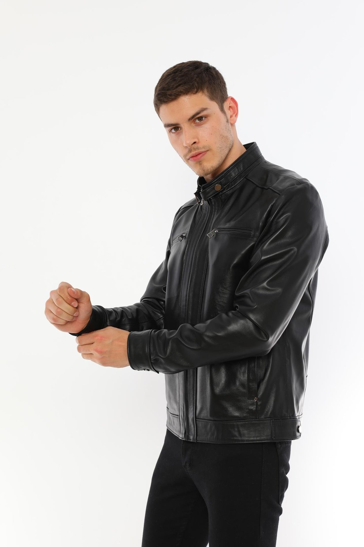 Basics&More Erkek Modern Tasarımlı Hakiki Siyah Deri Ceket - E130T