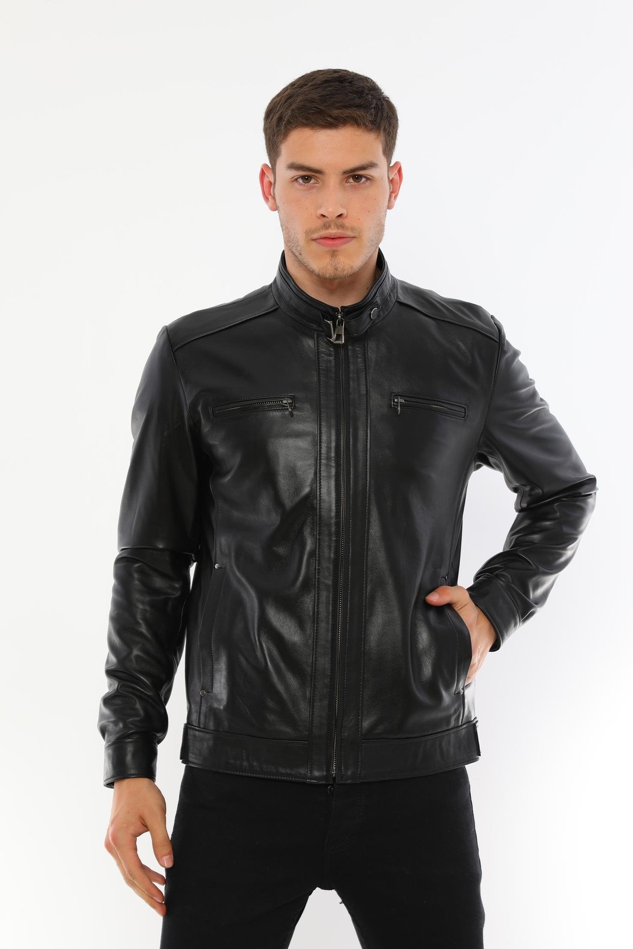 Basics&More Erkek Modern Tasarımlı Hakiki Siyah Deri Ceket - E130T