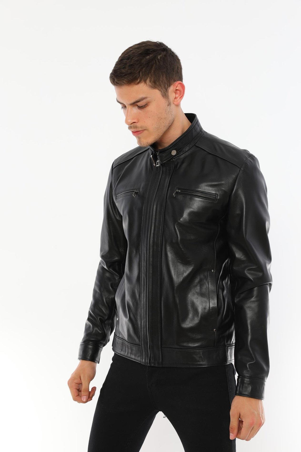Basics&More Erkek Modern Tasarımlı Hakiki Siyah Deri Ceket - E130T