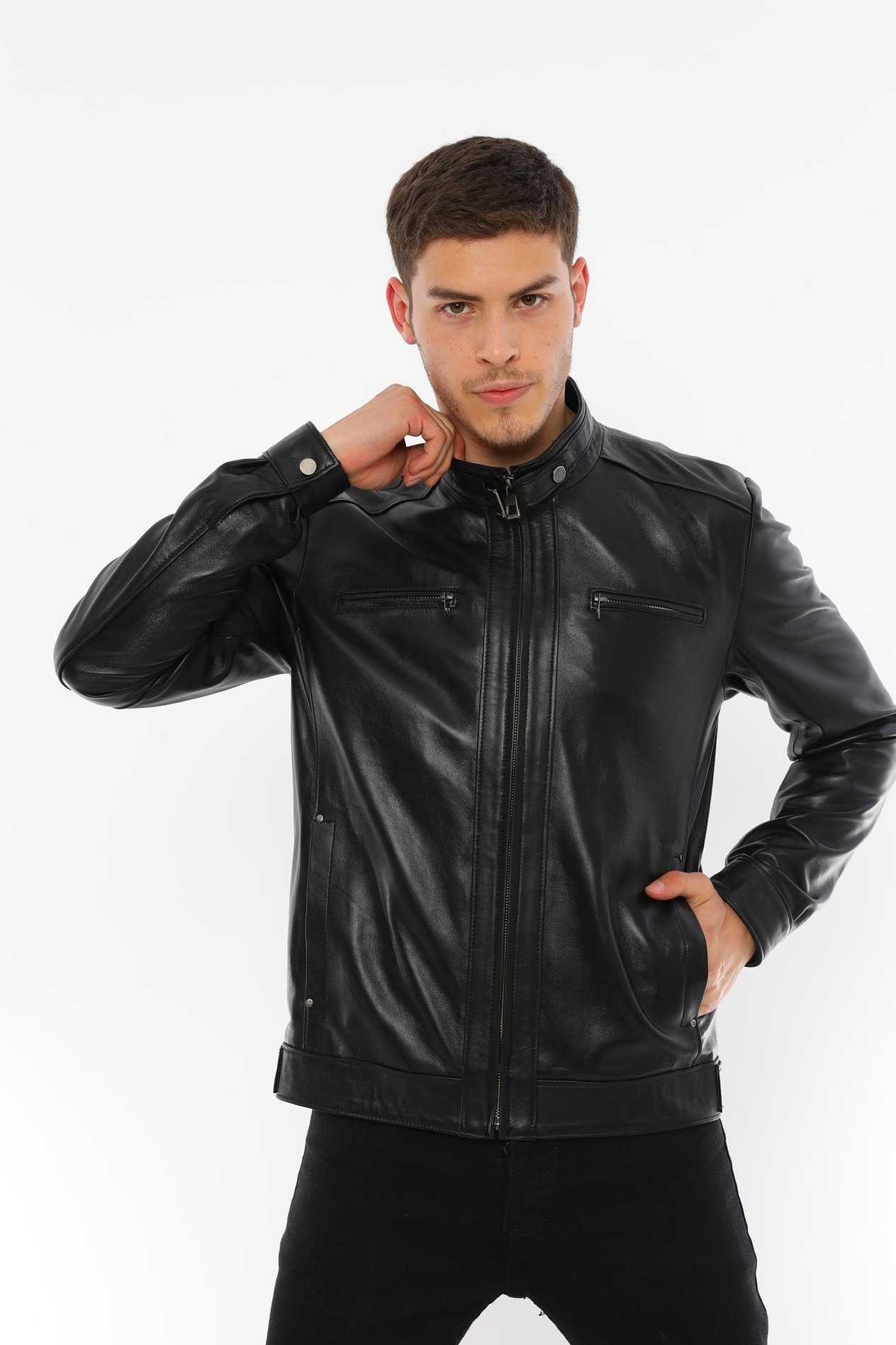 Basics&More Erkek Modern Tasarımlı Hakiki Siyah Deri Ceket - E130T