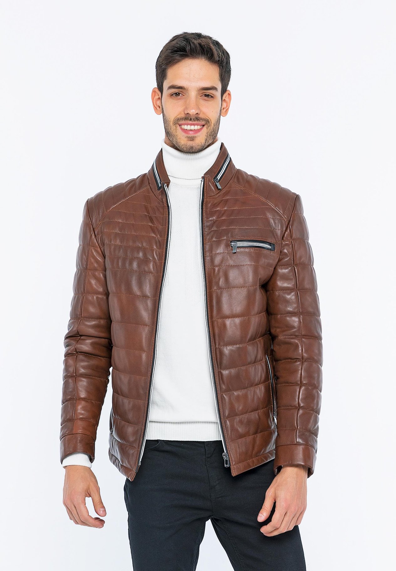 Basics&More Men Inflatable Chestnut Leather Jacket - 6099