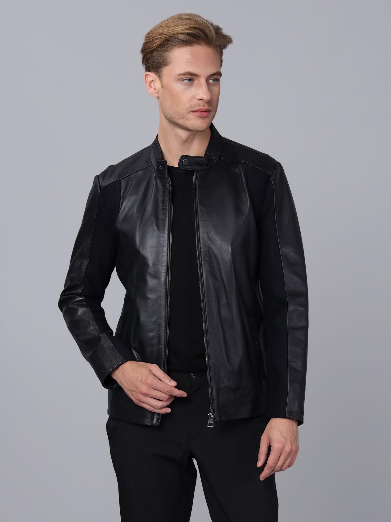 Basics&More Men Dark Navy Blue Leather Jacket - E2020